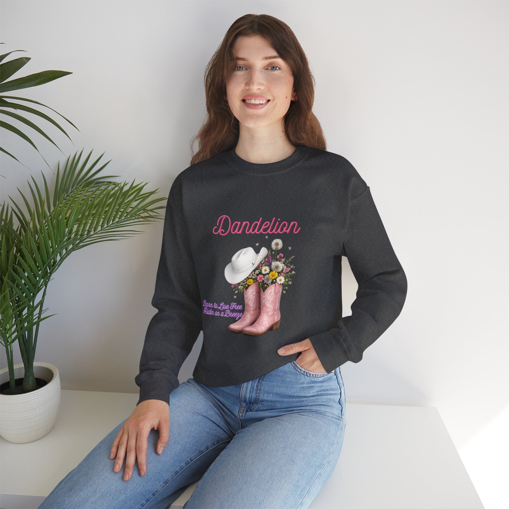 Dandelion Floral Cowboy Boots Sweatshirt – Pink Western Hat & Flowers Crewneck