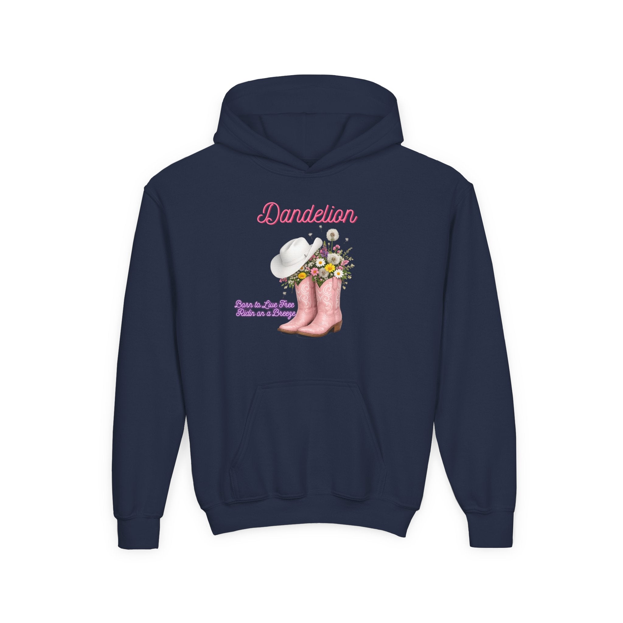 Dandelion Youth Hoodie – Pink Cowboy Boots & Flower Bouquet Kids Sweatshirt