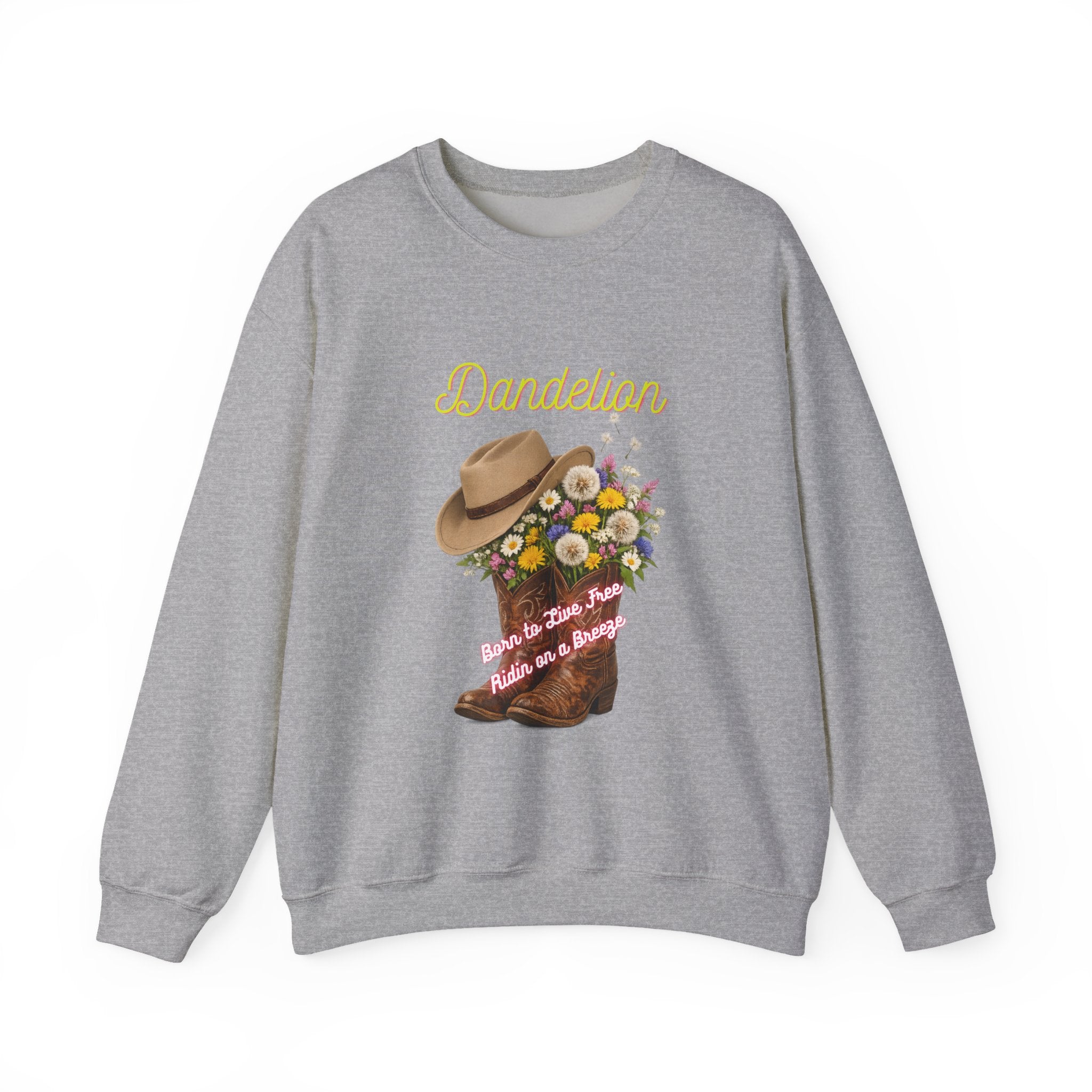 Dandelion Cowboy Boots & Hat Sweatshirt — Floral Western Crewneck