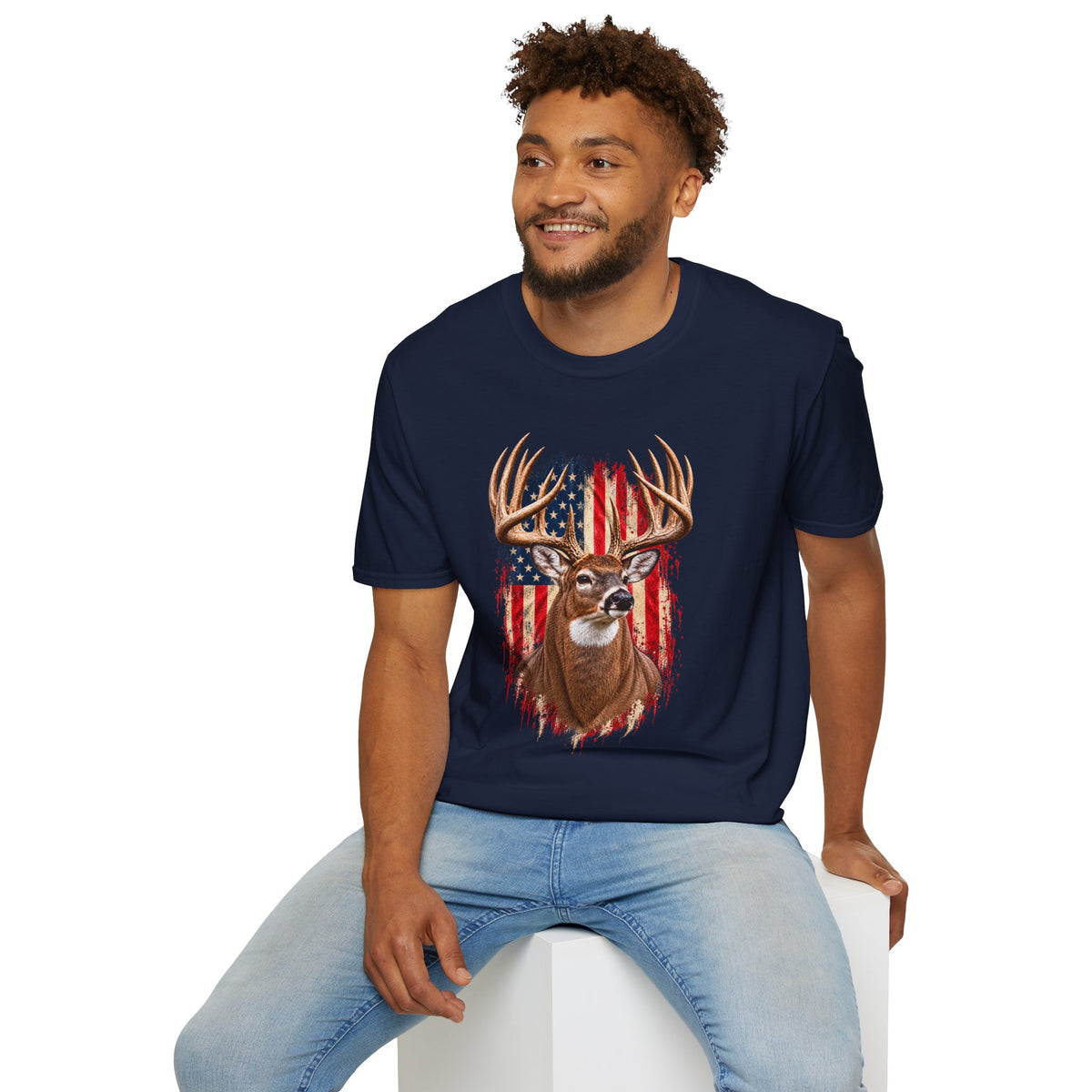 Whitetail Buck American Flag T-Shirt, Patriotic Deer Hunting Tee, Lightweight Cotton