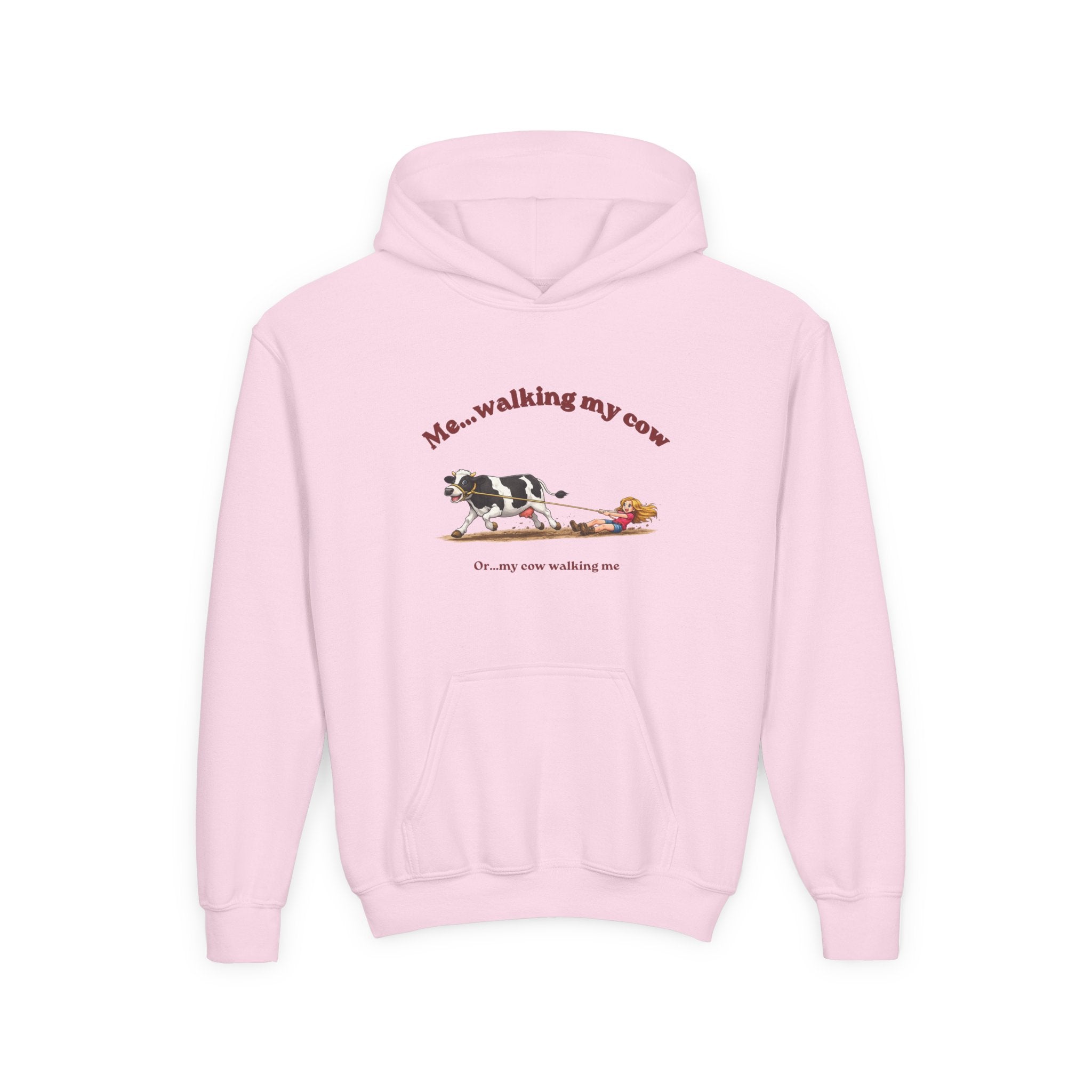 Youth Hoodie — “Me… walking my cow” Cute Cow Illustration Kids Pullover-girl