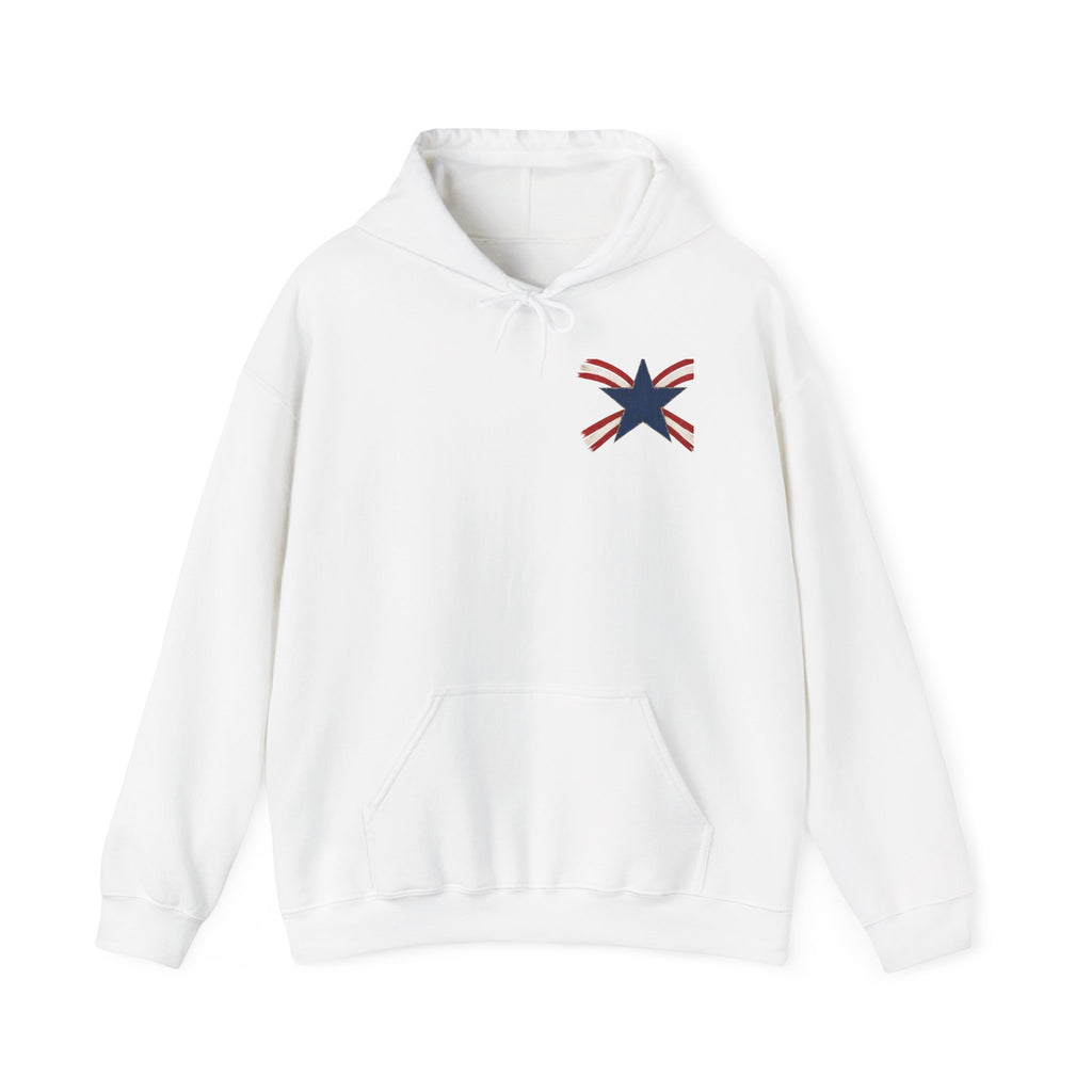Patriotic Star & Shield Hoodie — USA Flag Graphic Pullover for 4th of July