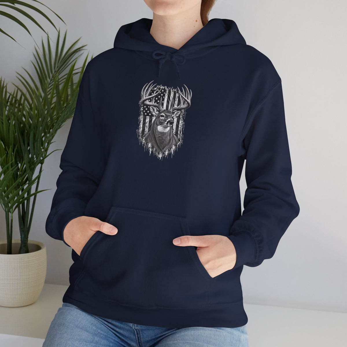 Buck Deer Hoodie with Distressed American Flag, Black Pullover Sweatshirt