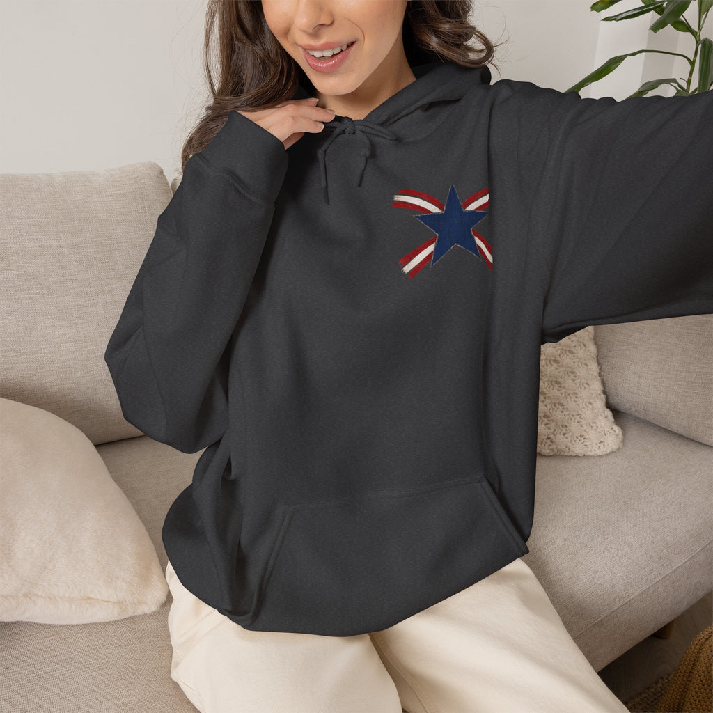 Patriotic Star & Shield Hoodie — USA Flag Graphic Pullover for 4th of July