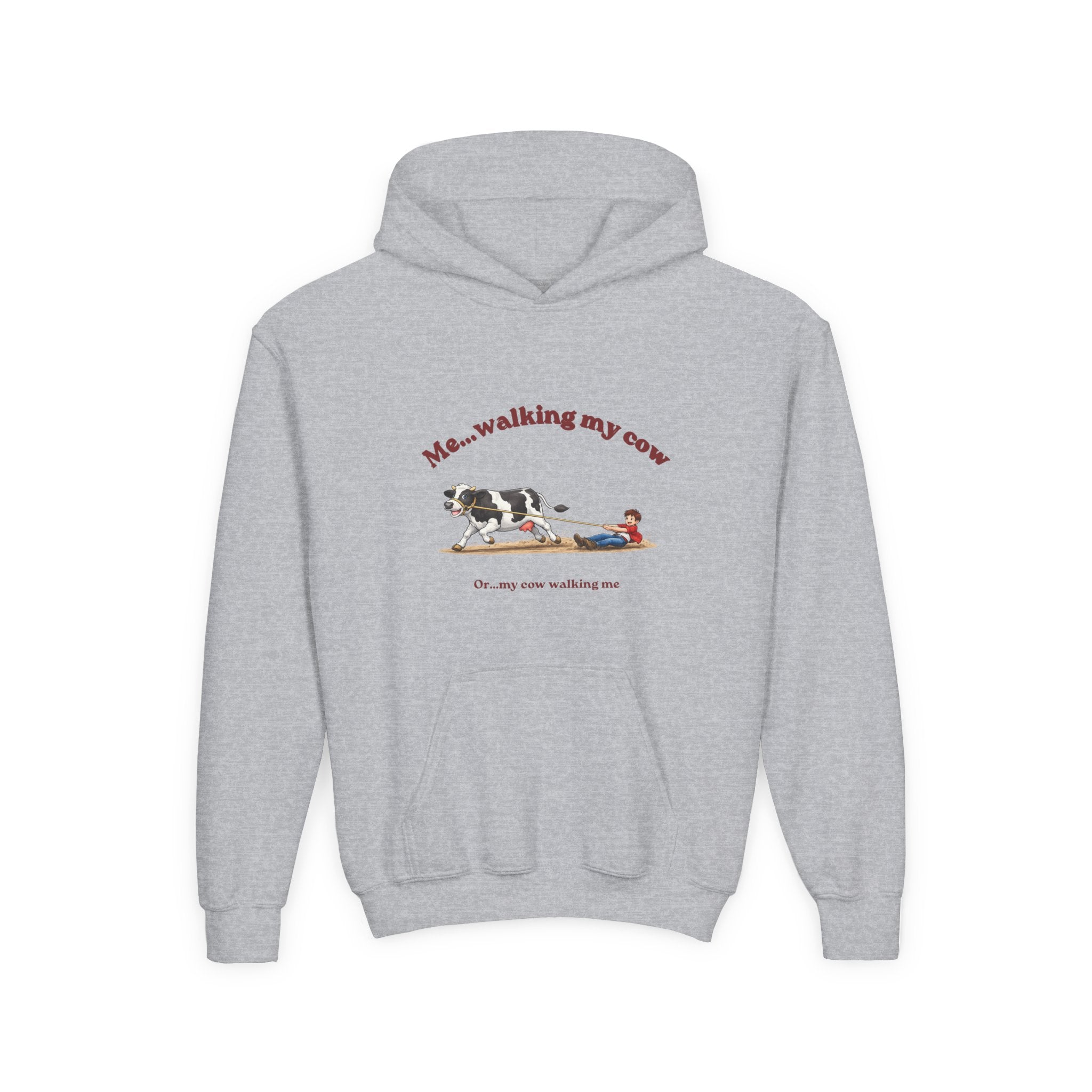 Youth Hoodie — “Me… walking my cow” Cute Kids Cow Graphic Hooded Sweatshirt-boy