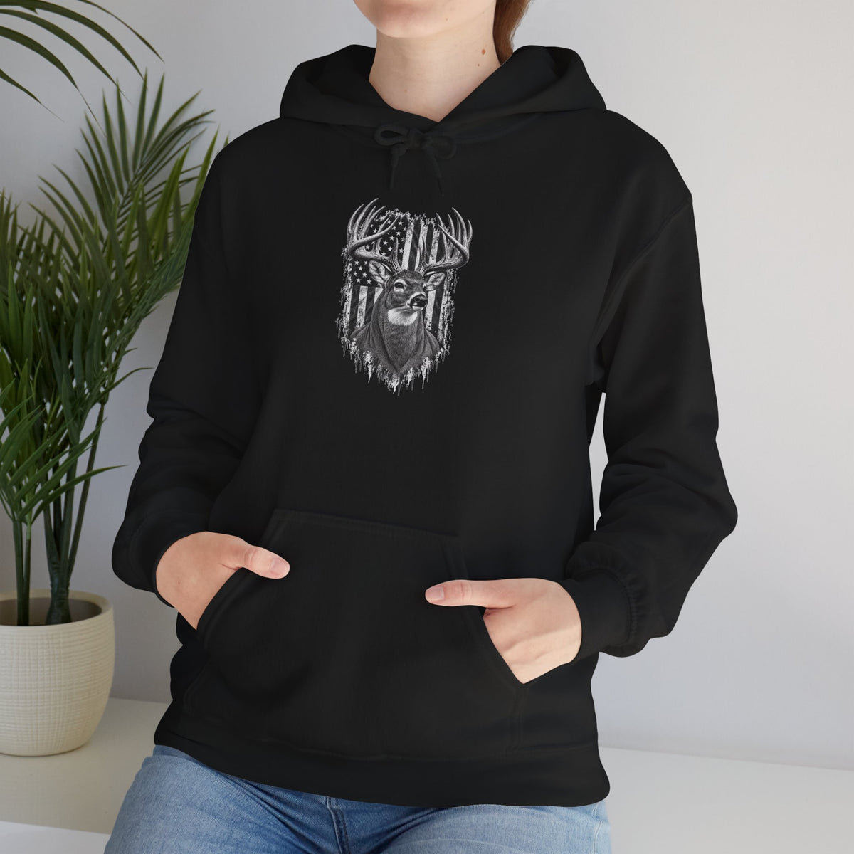 Buck Deer Hoodie with Distressed American Flag, Black Pullover Sweatshirt