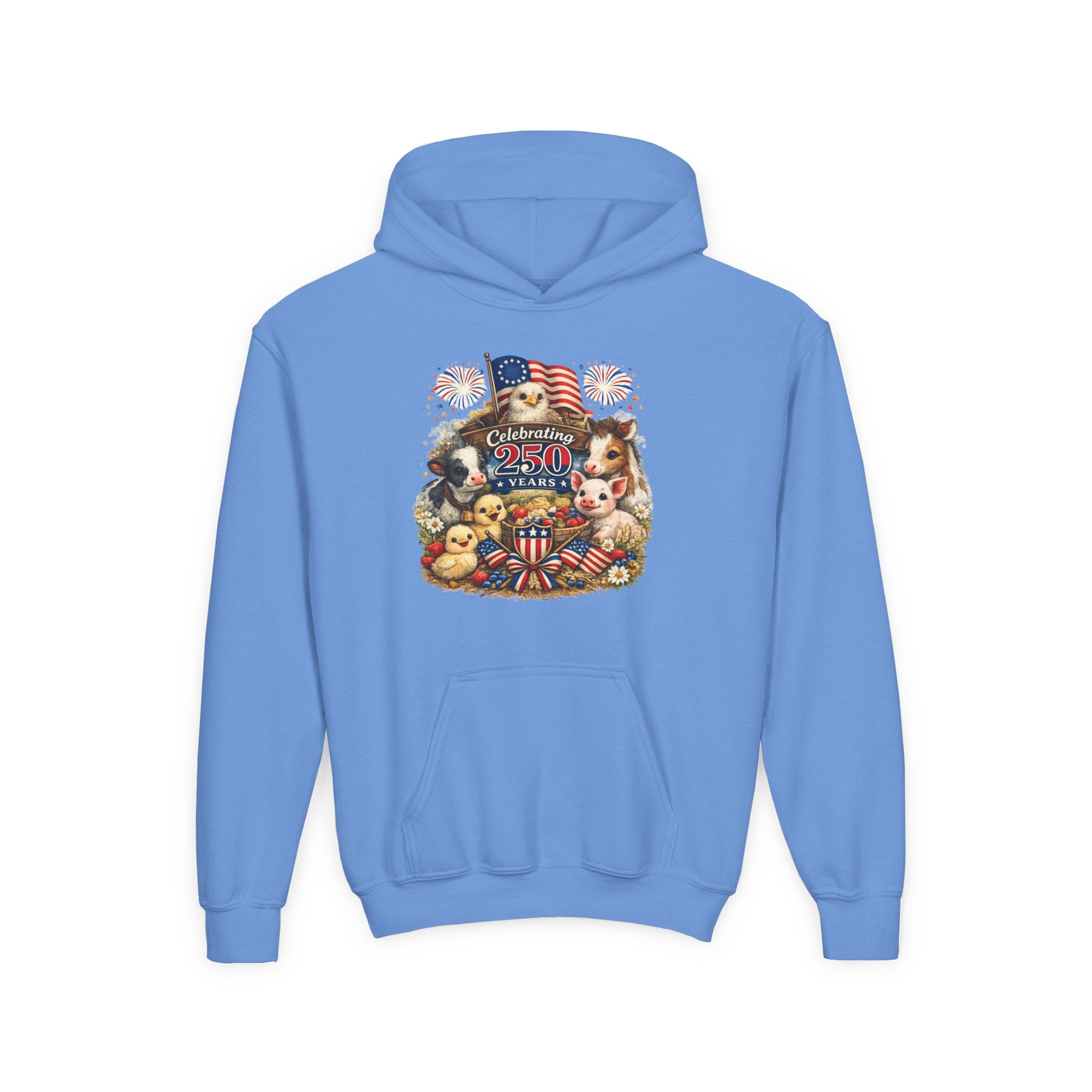 Youth 4th of July Hoodie - "Celebrate 250 Years" Cute Patriotic Animals Design