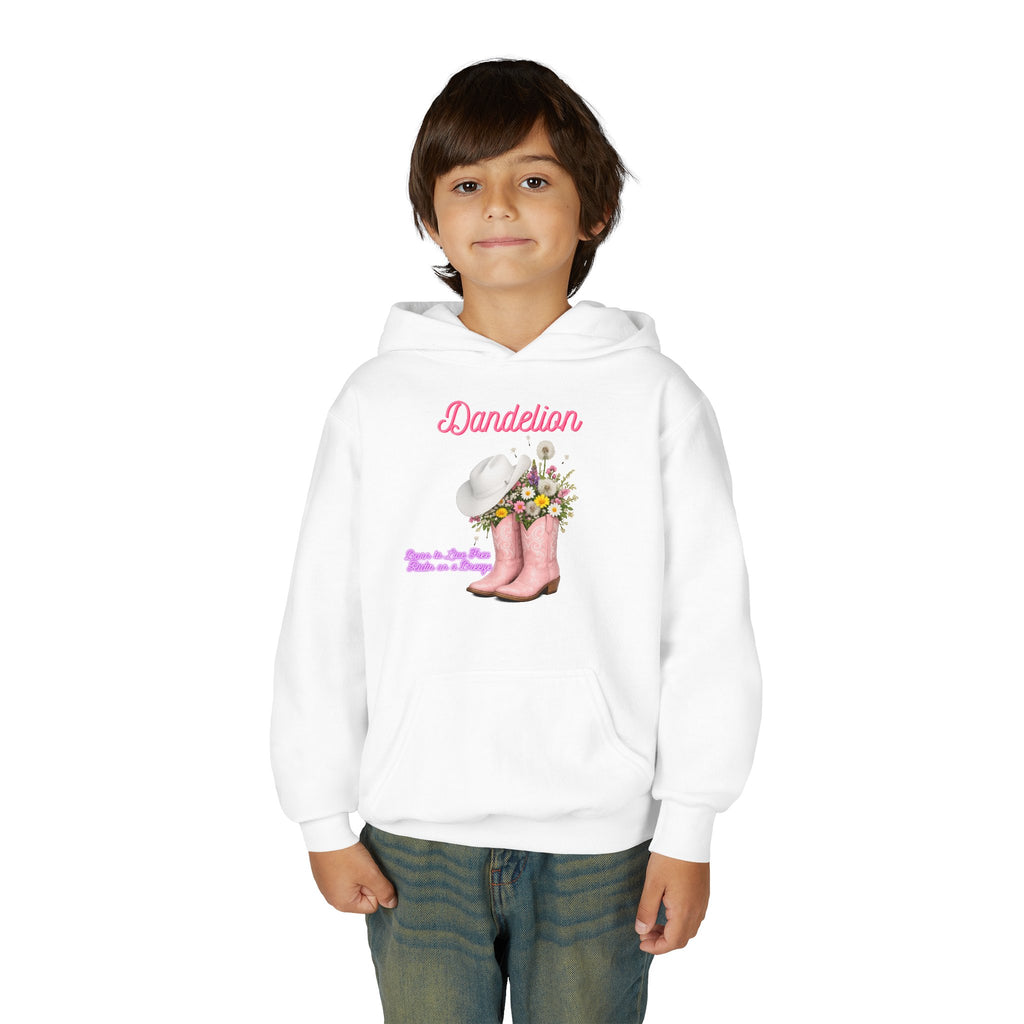 Dandelion Youth Hoodie – Pink Cowboy Boots & Flower Bouquet Kids Sweatshirt