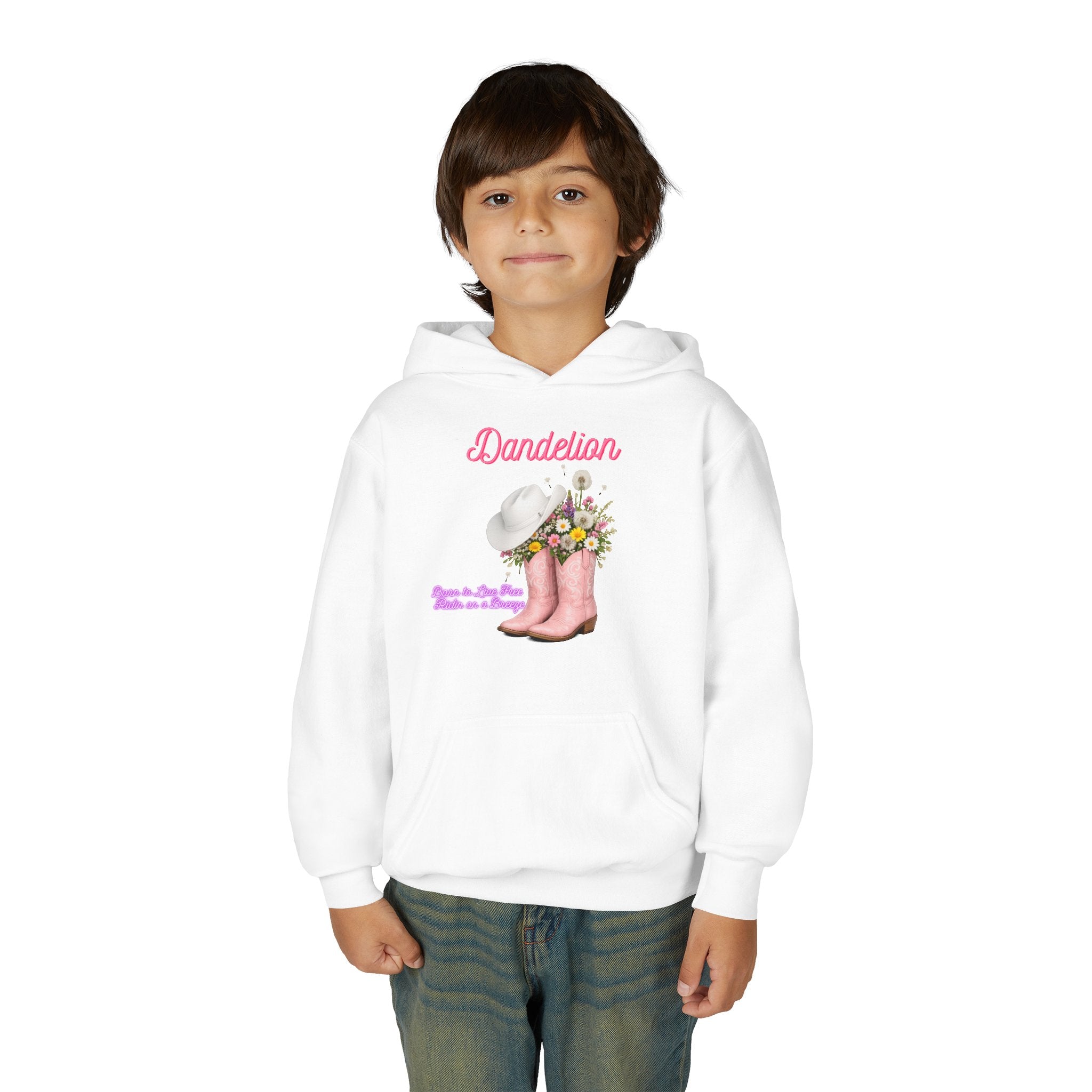 Dandelion Youth Hoodie – Pink Cowboy Boots & Flower Bouquet Kids Sweatshirt