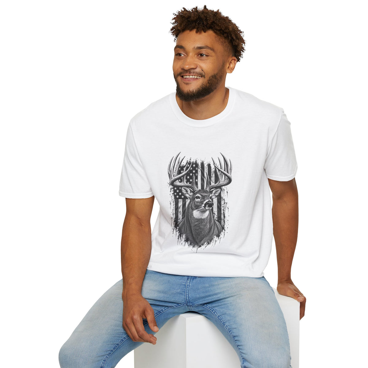 Buck Hunting T-Shirt, Distressed American Flag Deer Graphic Tee, Adult Classic Fit
