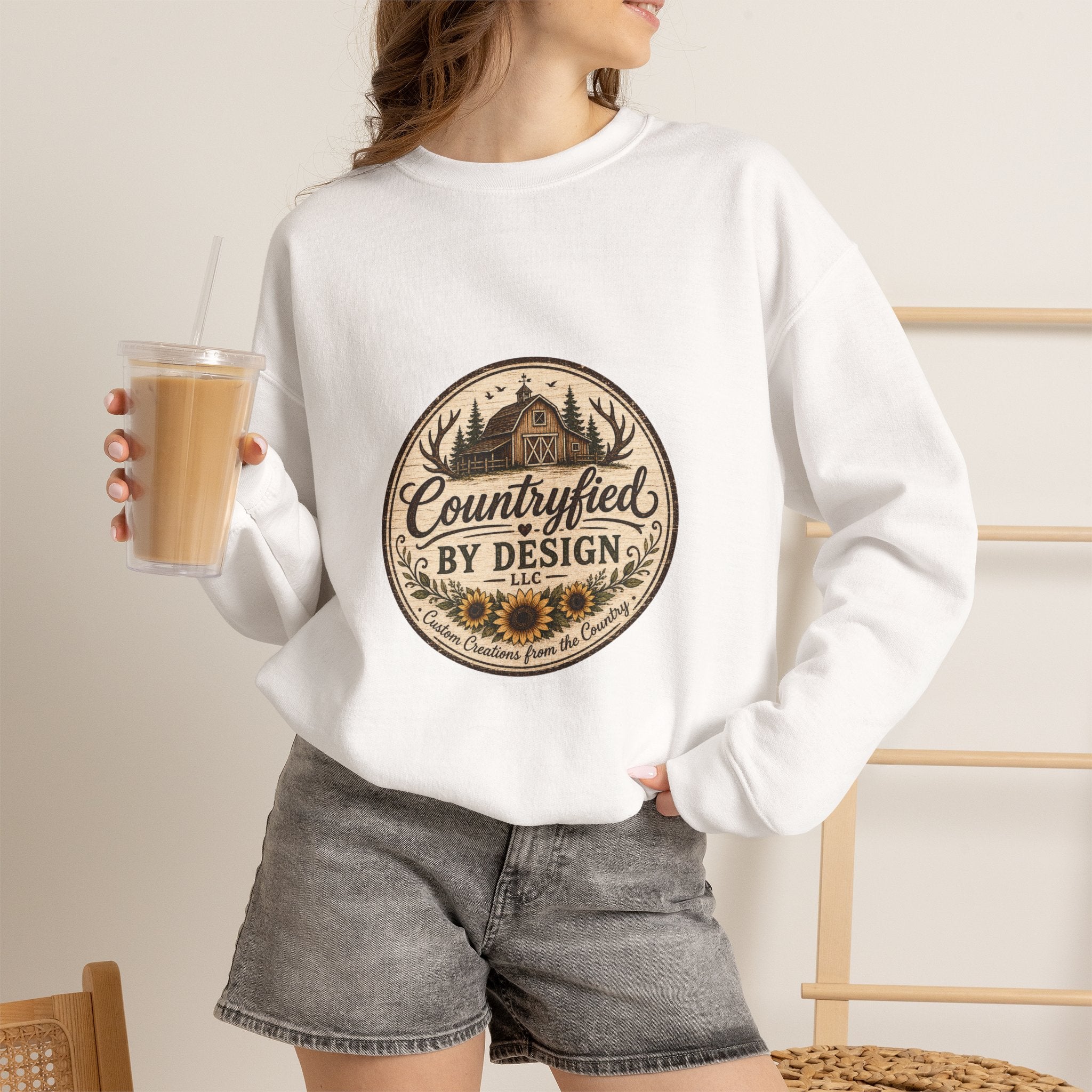 Countryfied By Design Crewneck Sweatshirt — Rustic Farmhouse Graphic Pullover