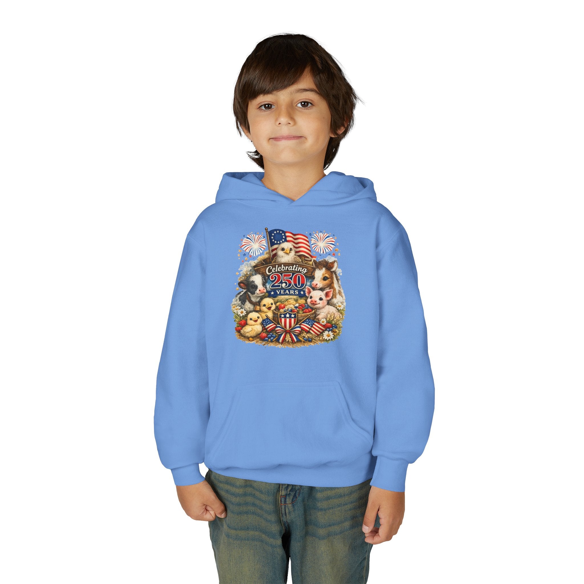 Youth 4th of July Hoodie - "Celebrate 250 Years" Cute Patriotic Animals Design