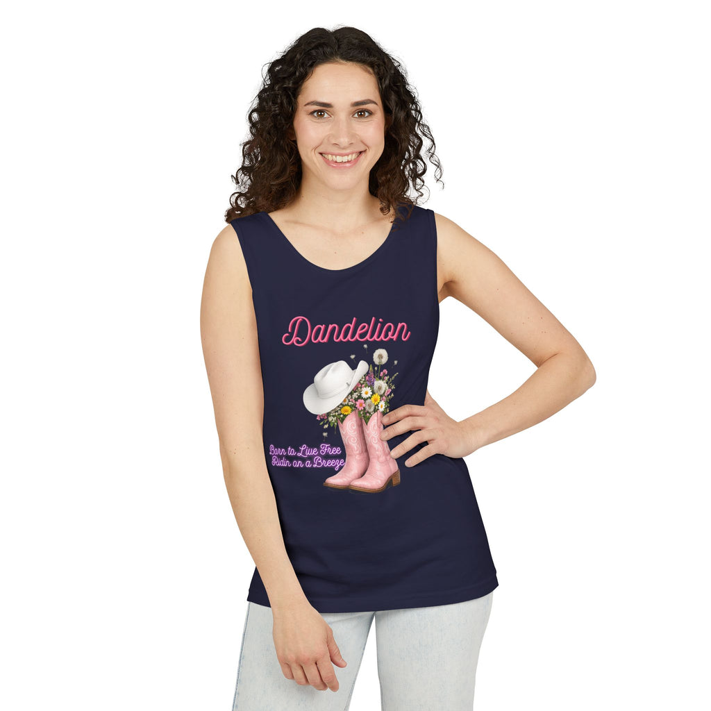 Dandelion Pink Cowboy Boots Tank Top — Floral Western Summer Tee