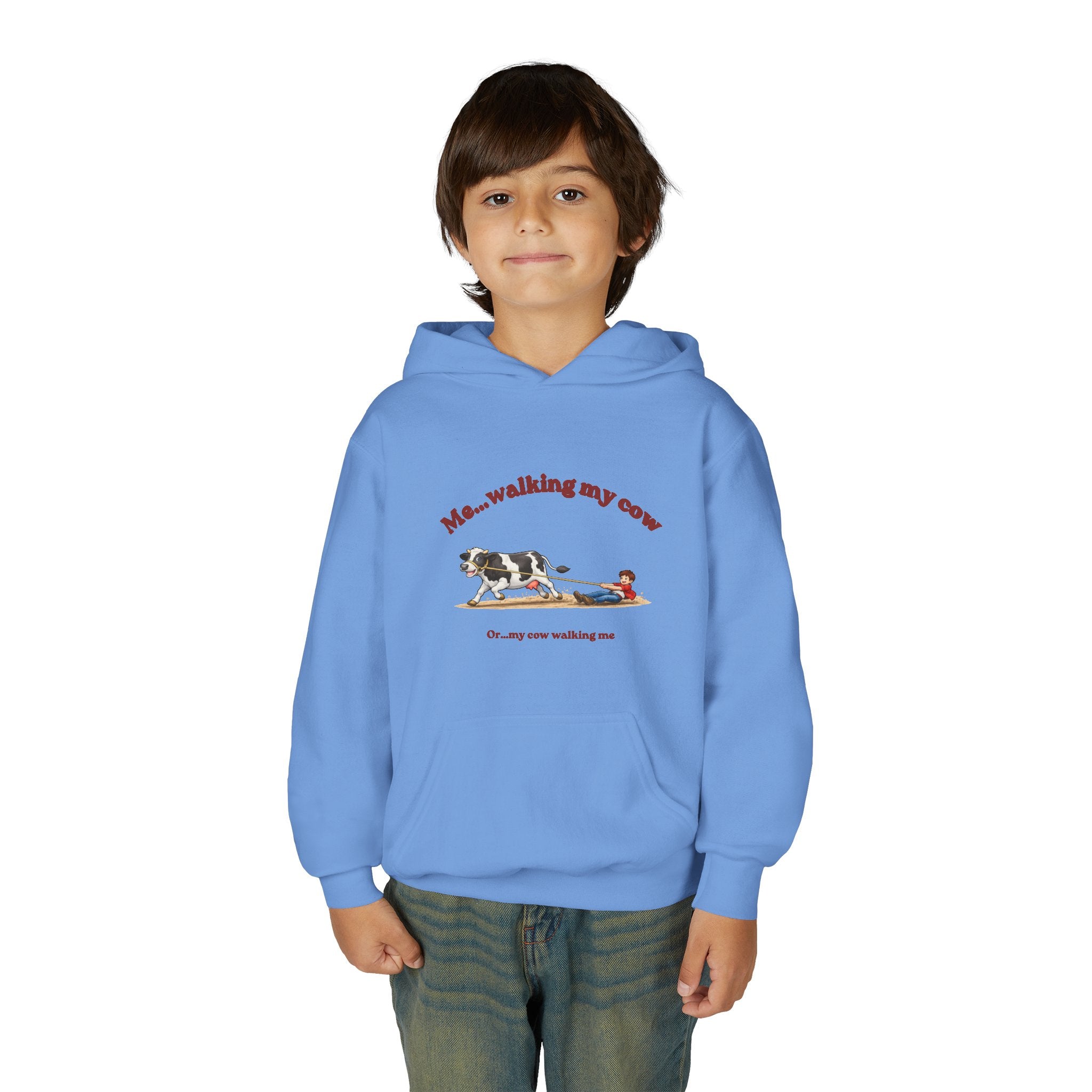 Youth Hoodie — “Me… walking my cow” Cute Kids Cow Graphic Hooded Sweatshirt-boy