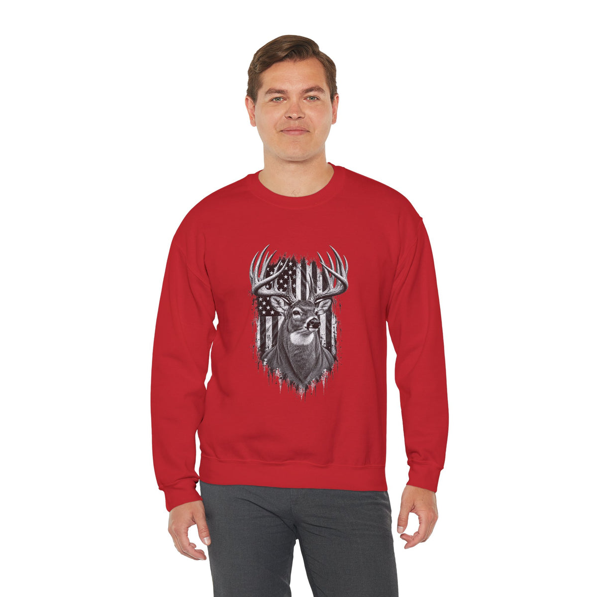 Deer Crewneck Sweatshirt with Distressed American Flag and Black and White Buck Design