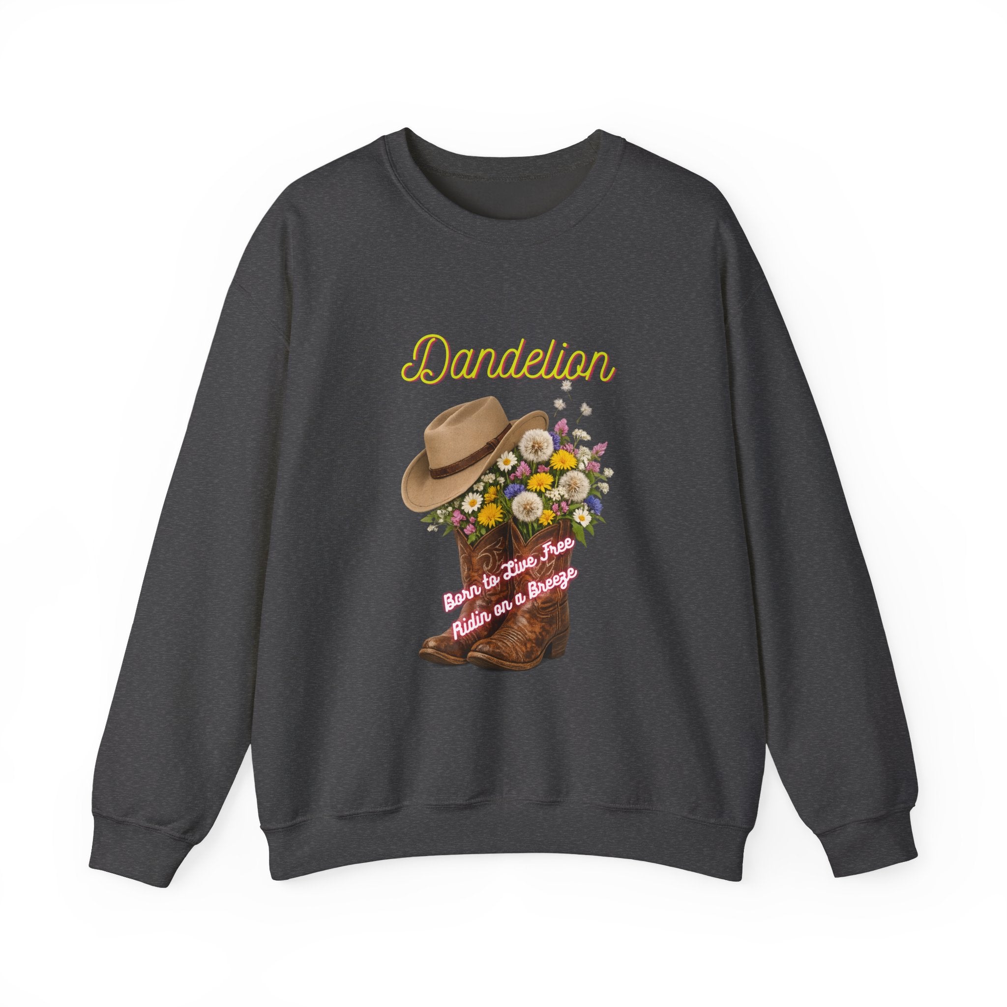 Dandelion Cowboy Boots & Hat Sweatshirt — Floral Western Crewneck