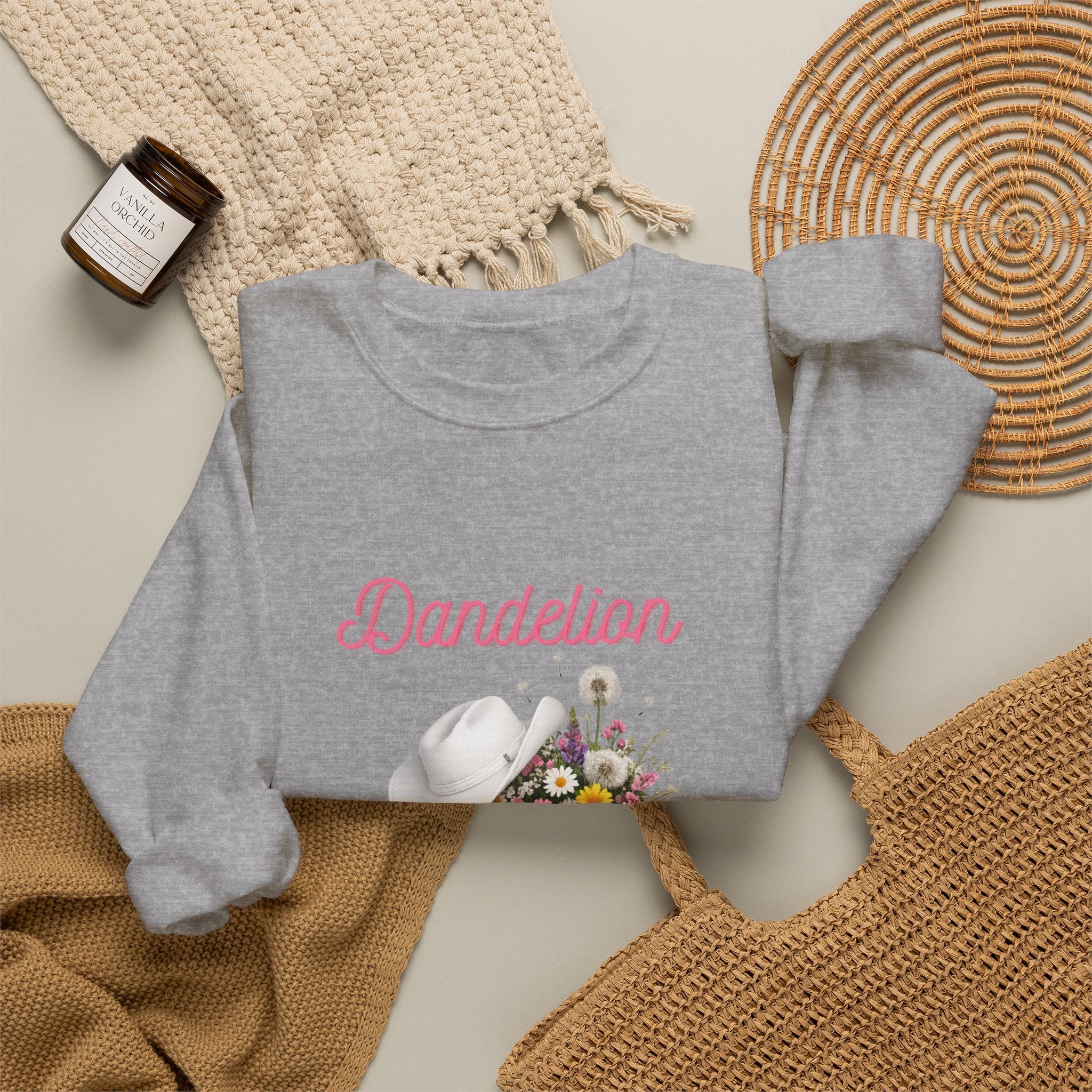 Dandelion Floral Cowboy Boots Sweatshirt – Pink Western Hat & Flowers Crewneck
