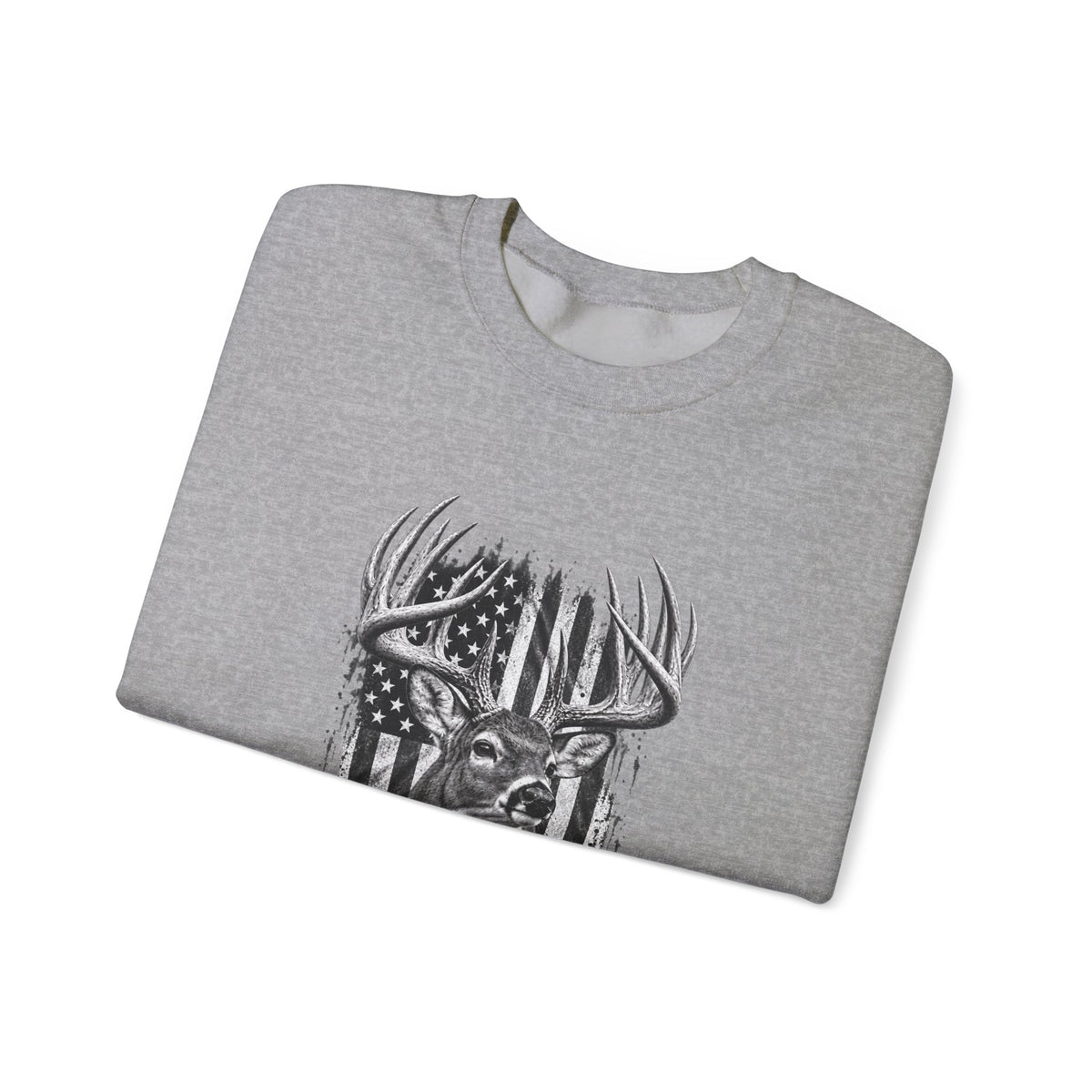 Deer Crewneck Sweatshirt with Distressed American Flag and Black and White Buck Design