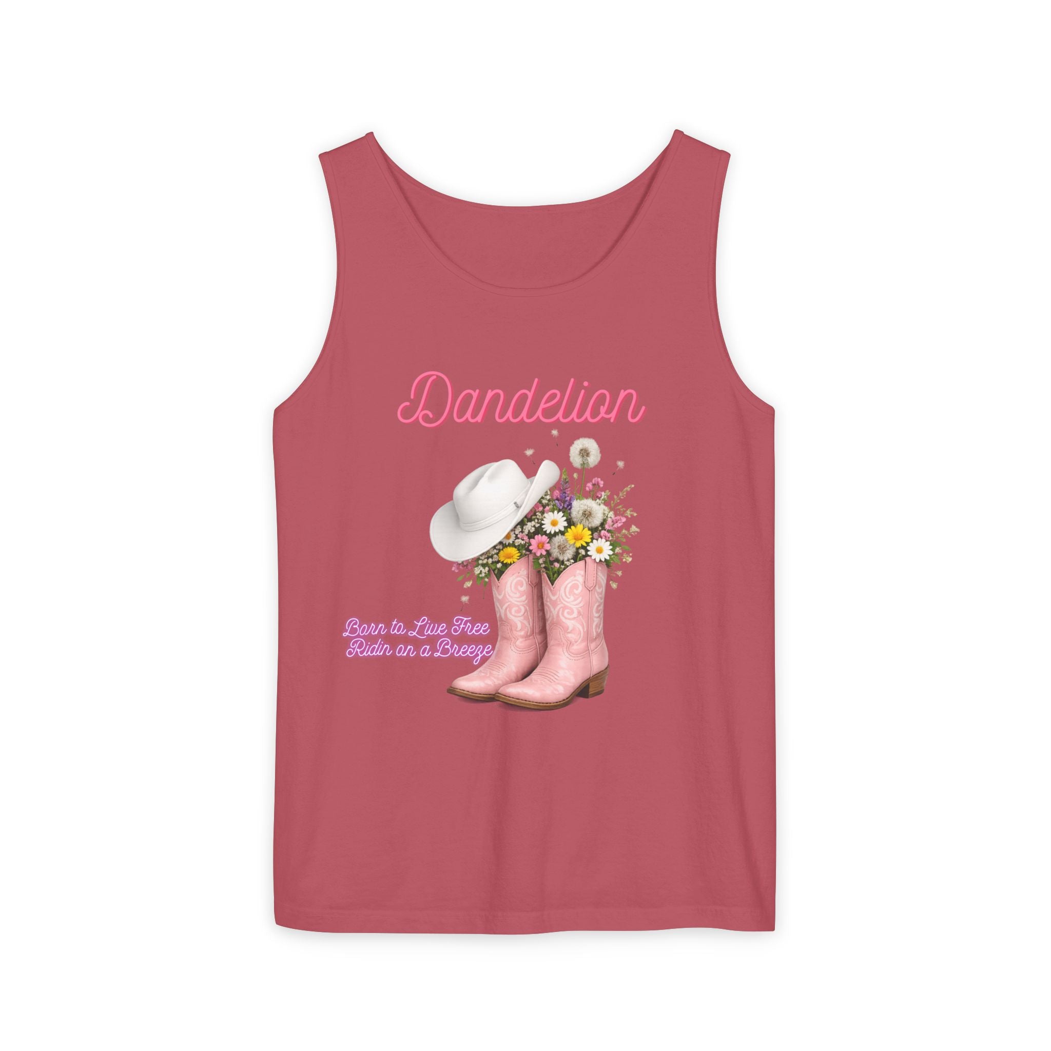 Dandelion Pink Cowboy Boots Tank Top — Floral Western Summer Tee