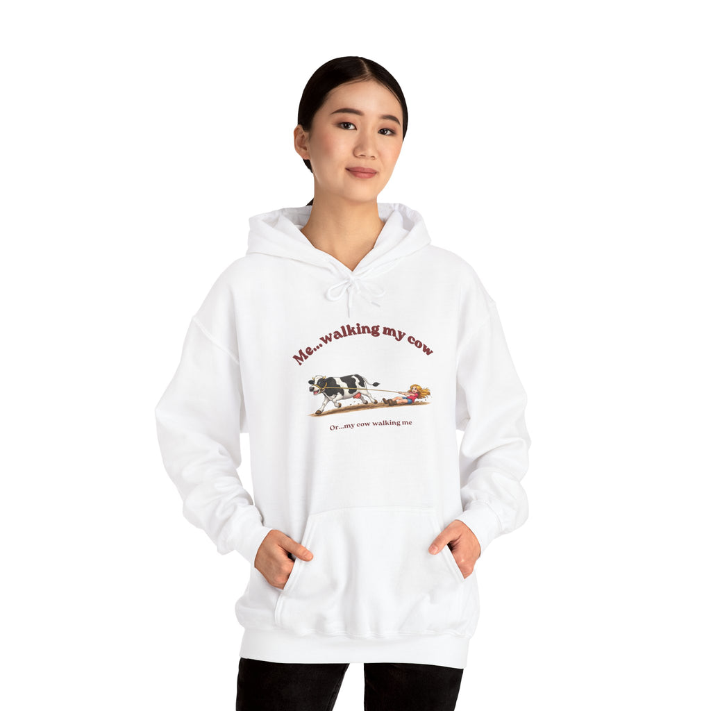 Hoodie — 'Me... walking my cow' Cute Cow Illustration Pullover-girl