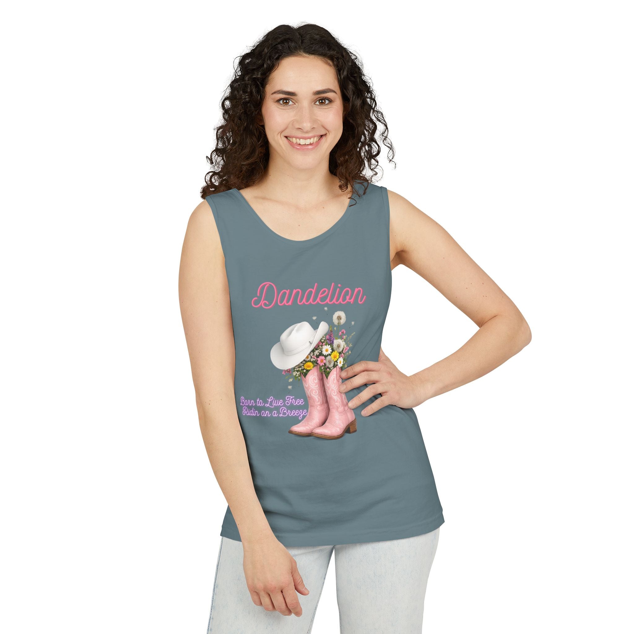Dandelion Pink Cowboy Boots Tank Top — Floral Western Summer Tee