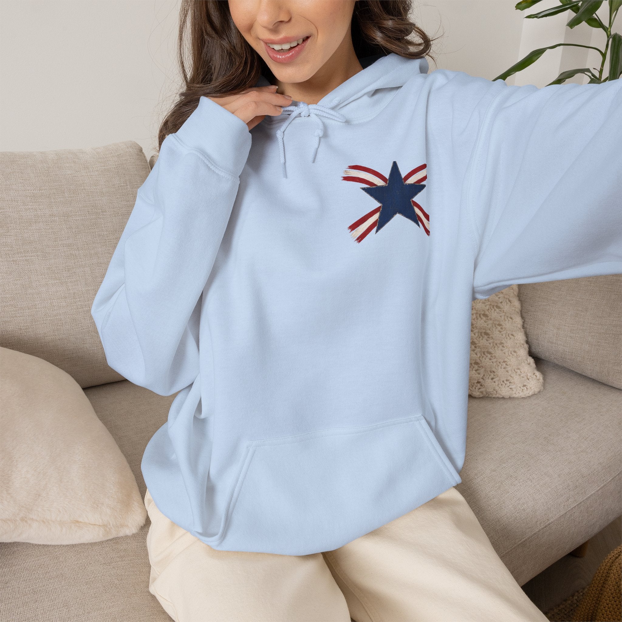 Patriotic Star & Shield Hoodie — USA Flag Graphic Pullover for 4th of July