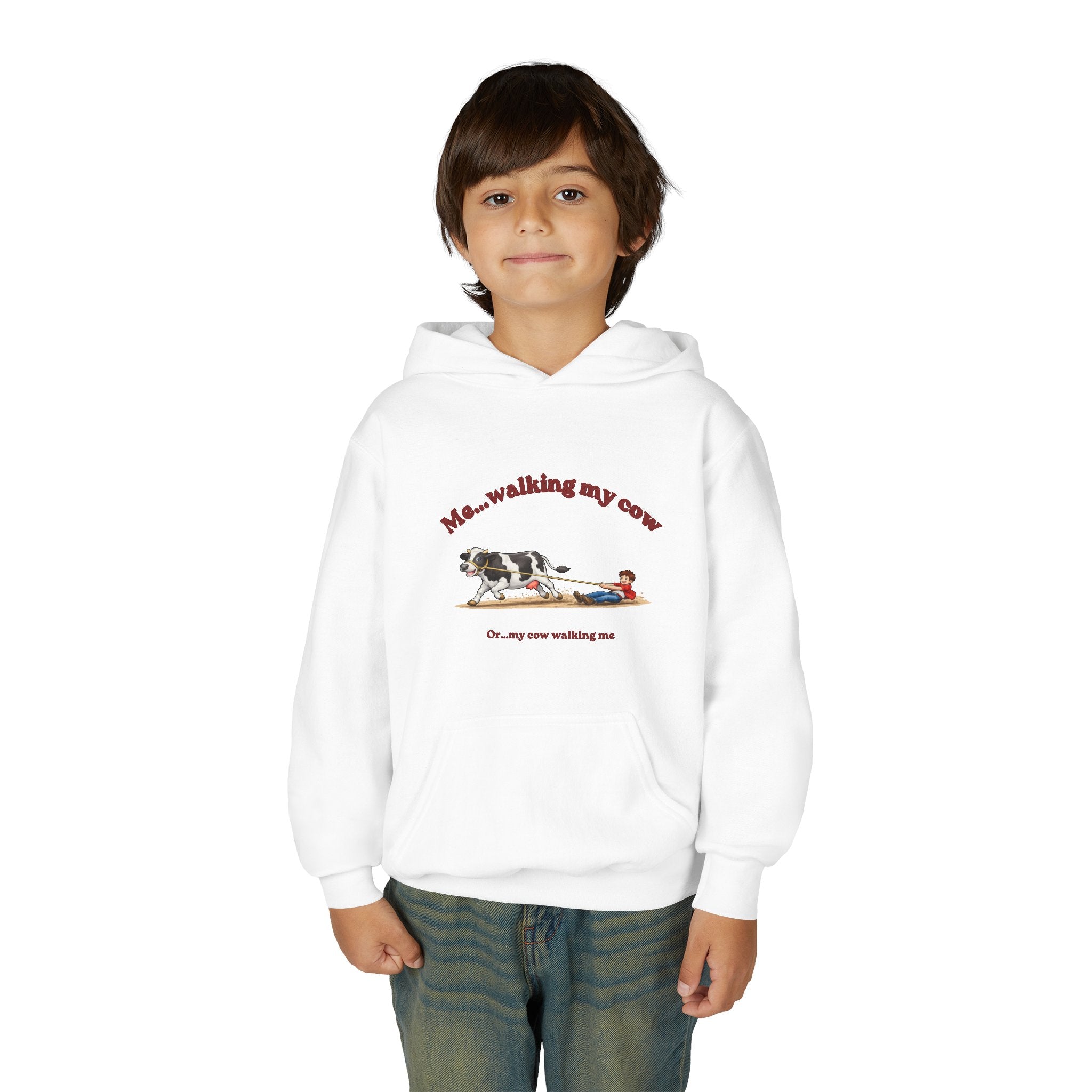 Youth Hoodie — “Me… walking my cow” Cute Kids Cow Graphic Hooded Sweatshirt-boy