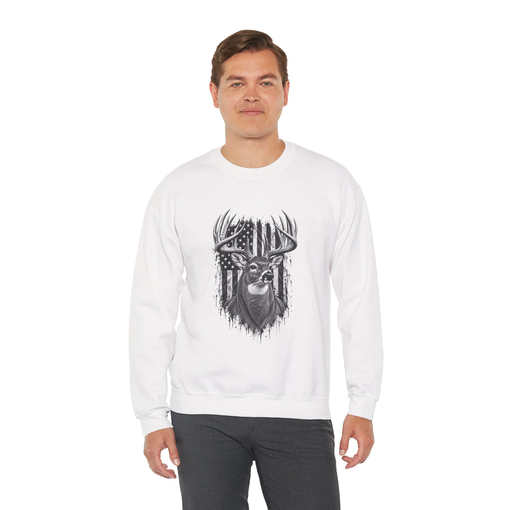 Deer Crewneck Sweatshirt with Distressed American Flag and Black and White Buck Design