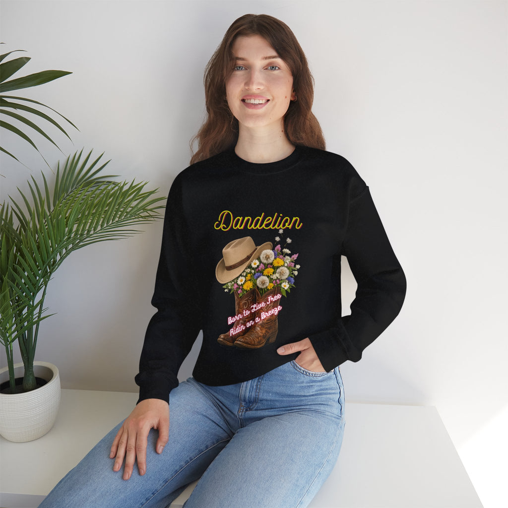 Dandelion Cowboy Boots & Hat Sweatshirt — Floral Western Crewneck