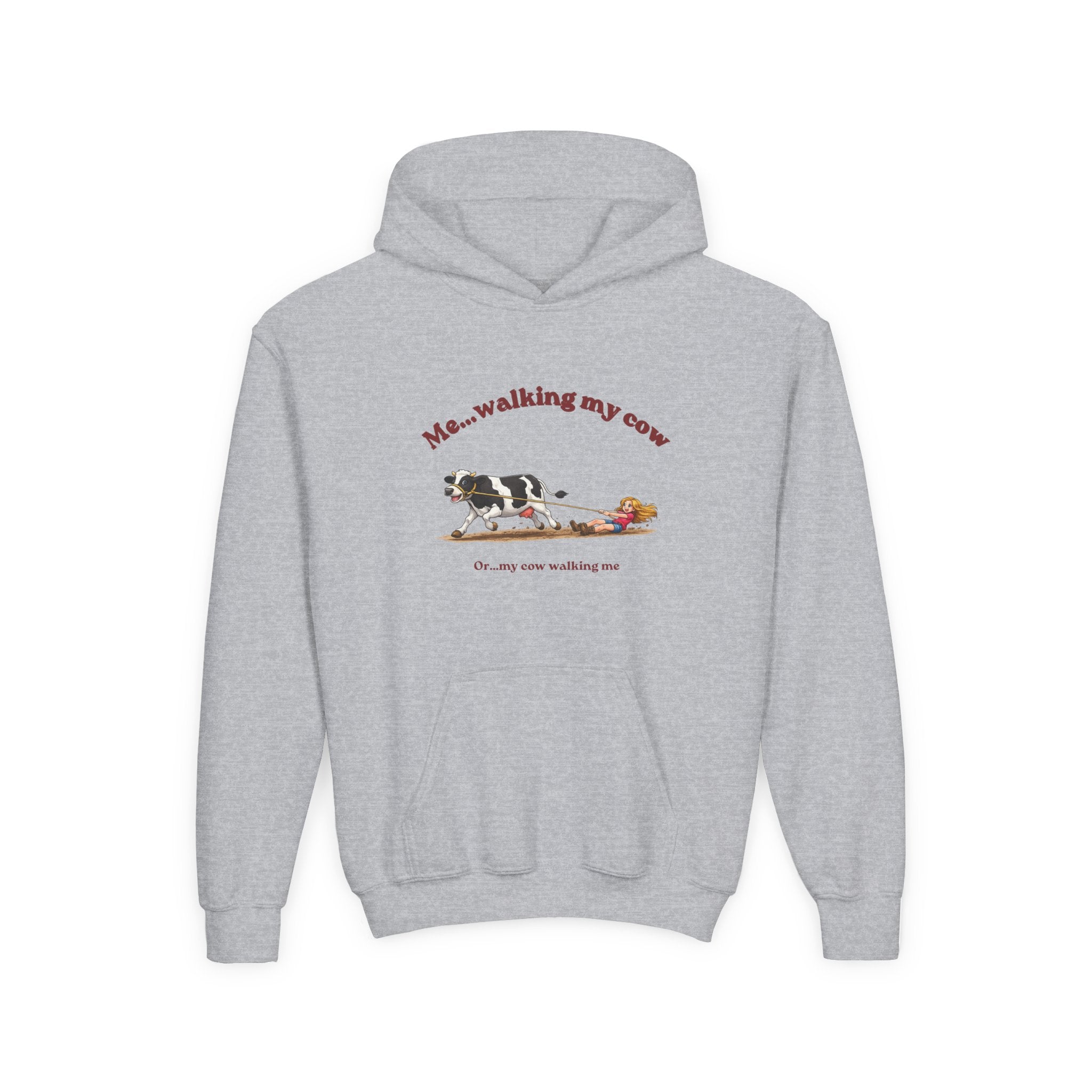 Youth Hoodie — “Me… walking my cow” Cute Cow Illustration Kids Pullover-girl