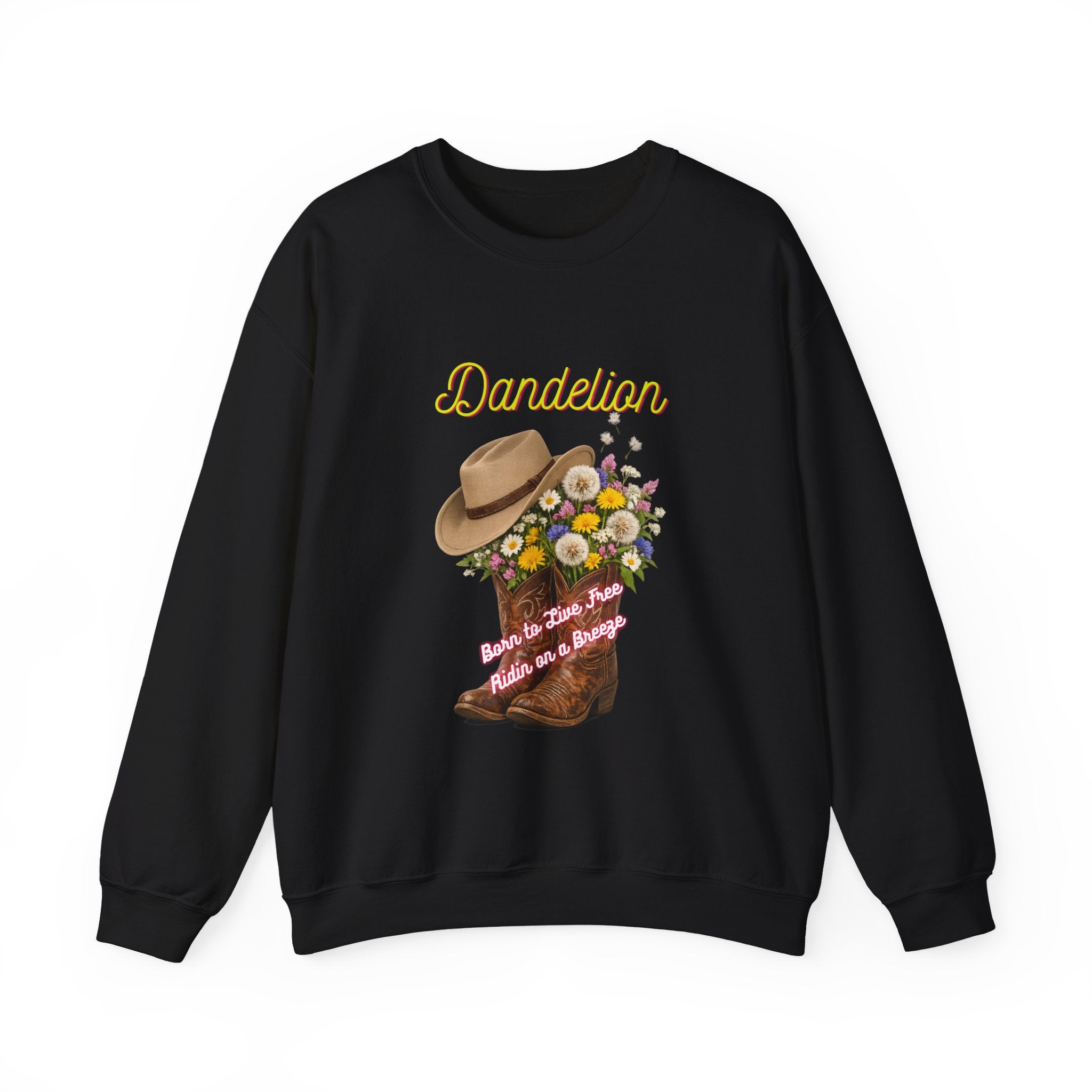 Dandelion Cowboy Boots & Hat Sweatshirt — Floral Western Crewneck