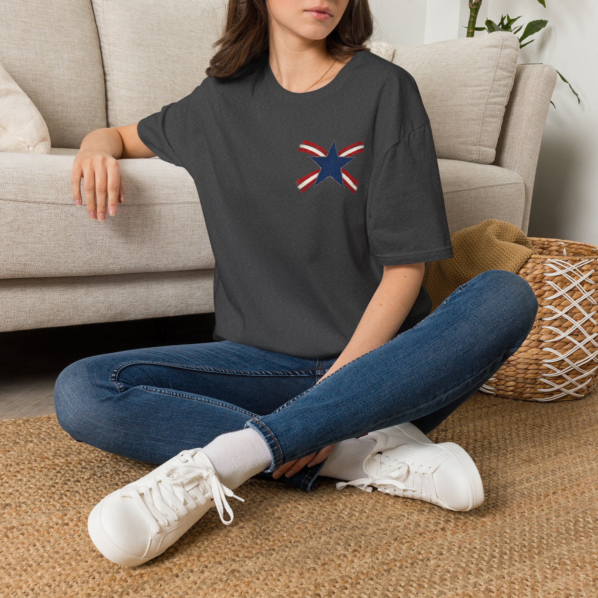 Patriotic Star Tee — Small Distressed Navy Star with Red Stripes