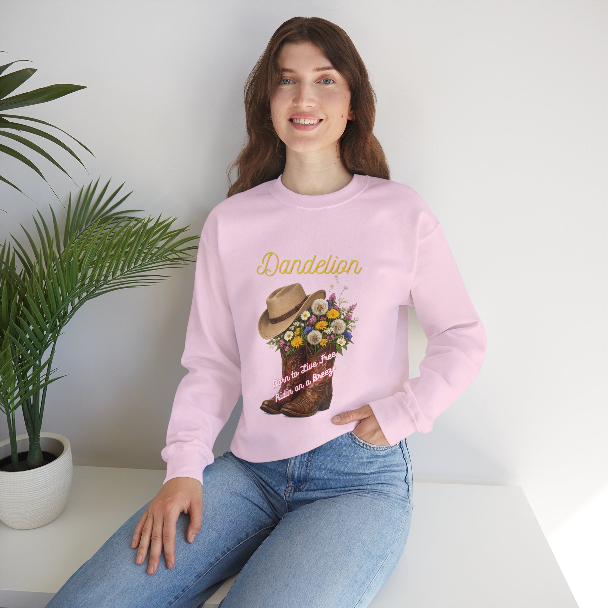 Dandelion Cowboy Boots & Hat Sweatshirt — Floral Western Crewneck