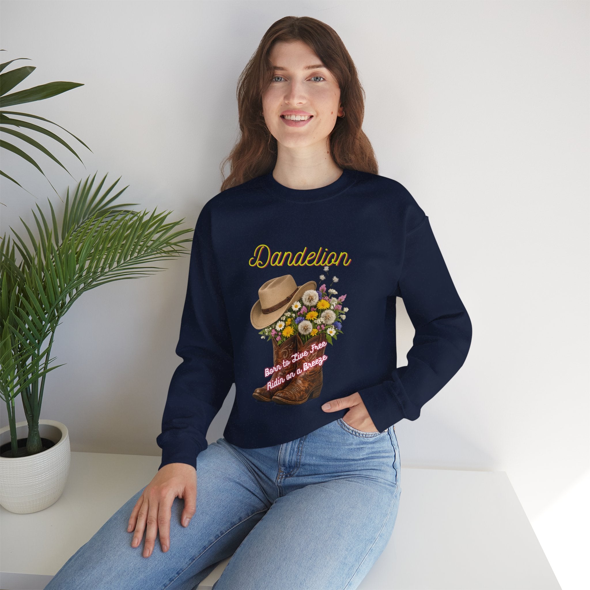 Dandelion Cowboy Boots & Hat Sweatshirt — Floral Western Crewneck