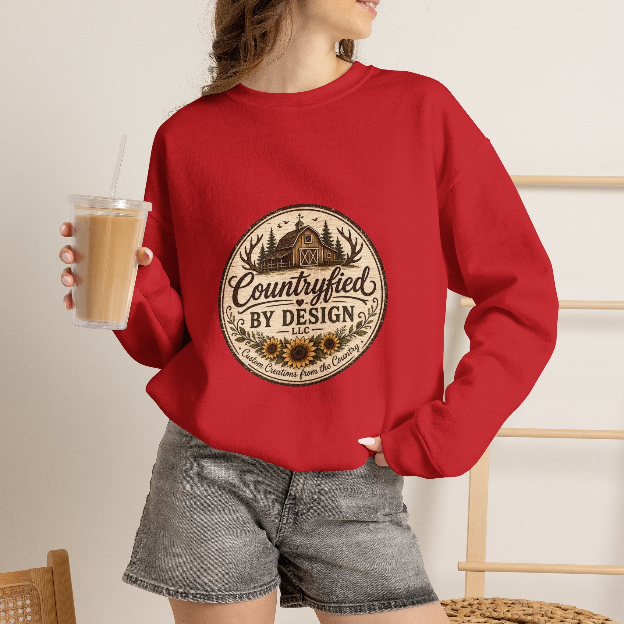 Countryfied By Design Crewneck Sweatshirt — Rustic Farmhouse Graphic Pullover