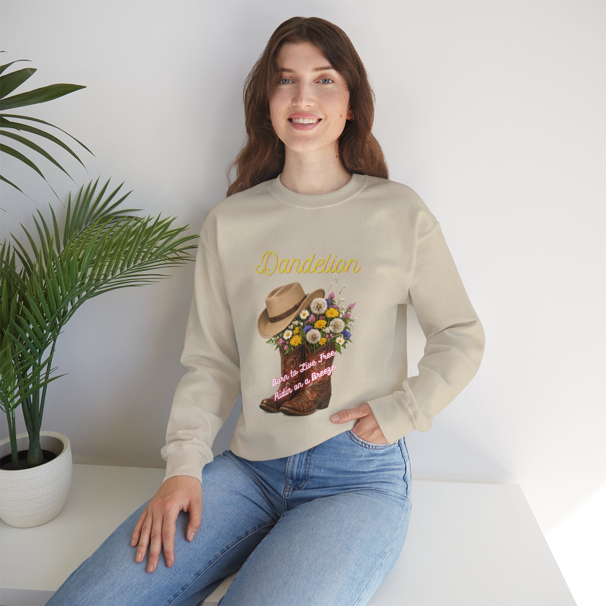 Dandelion Cowboy Boots & Hat Sweatshirt — Floral Western Crewneck