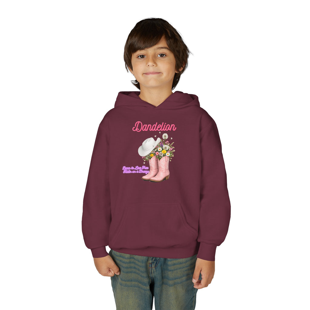 Dandelion Youth Hoodie – Pink Cowboy Boots & Flower Bouquet Kids Sweatshirt