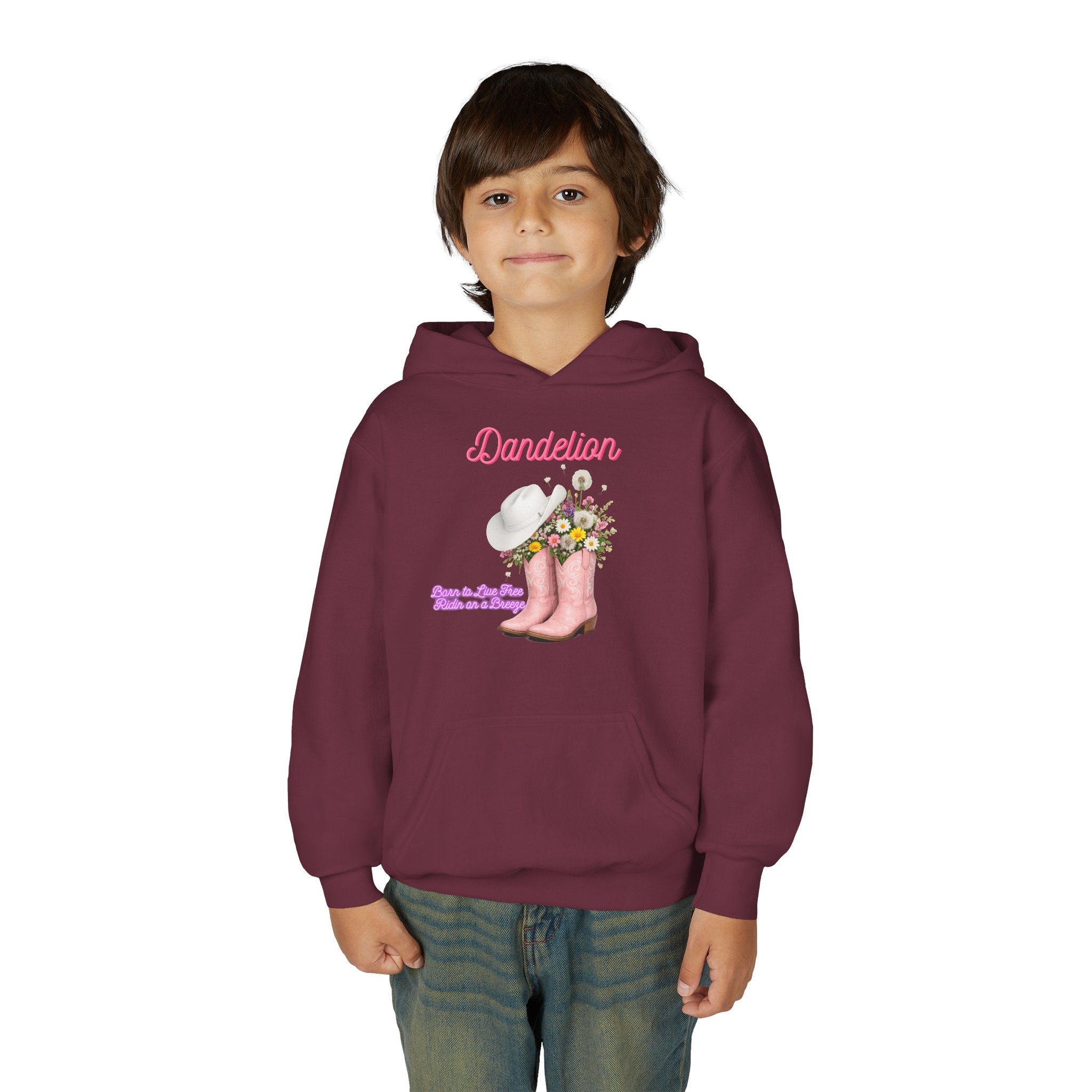 Dandelion Youth Hoodie – Pink Cowboy Boots & Flower Bouquet Kids Sweatshirt