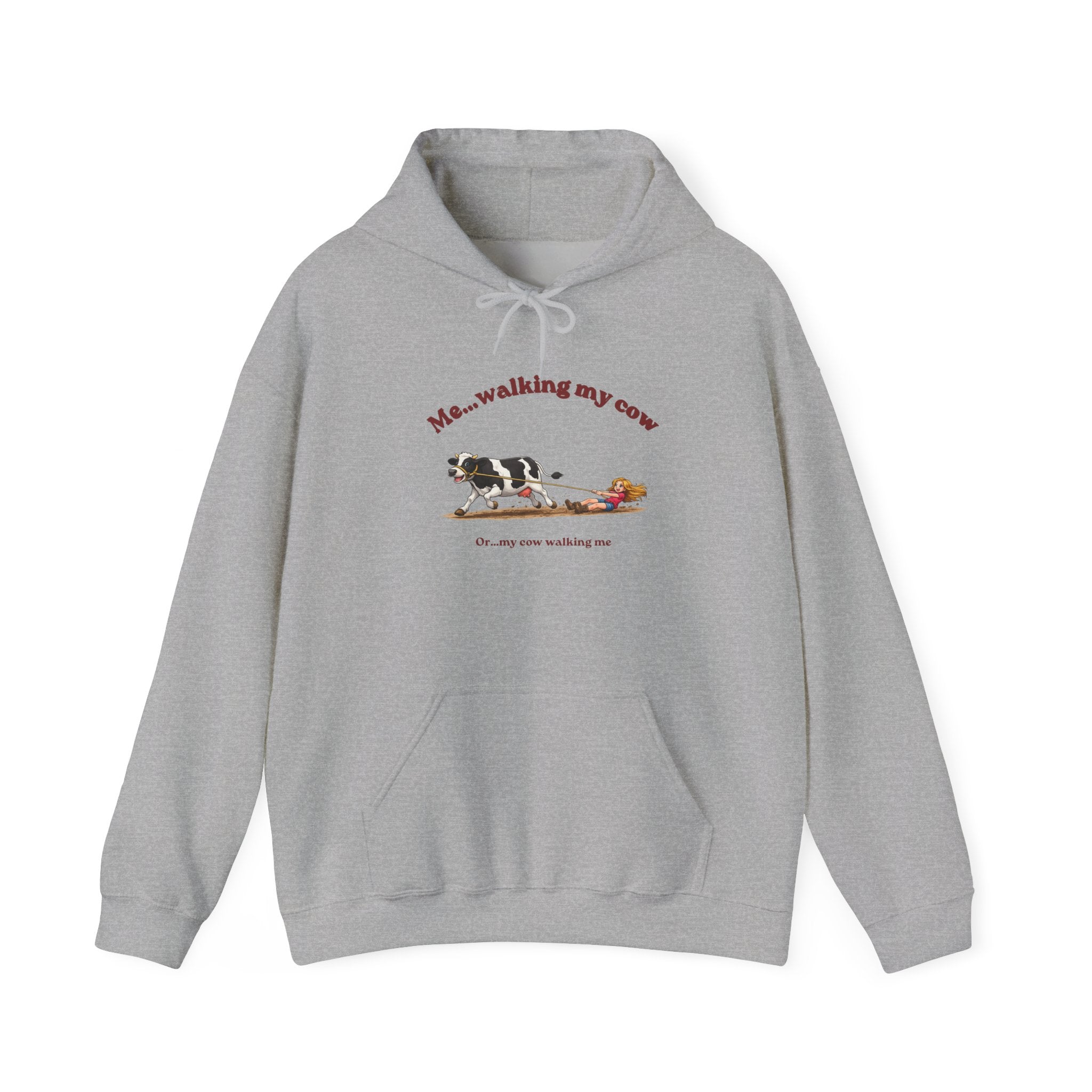 Hoodie — 'Me... walking my cow' Cute Cow Illustration Pullover-girl