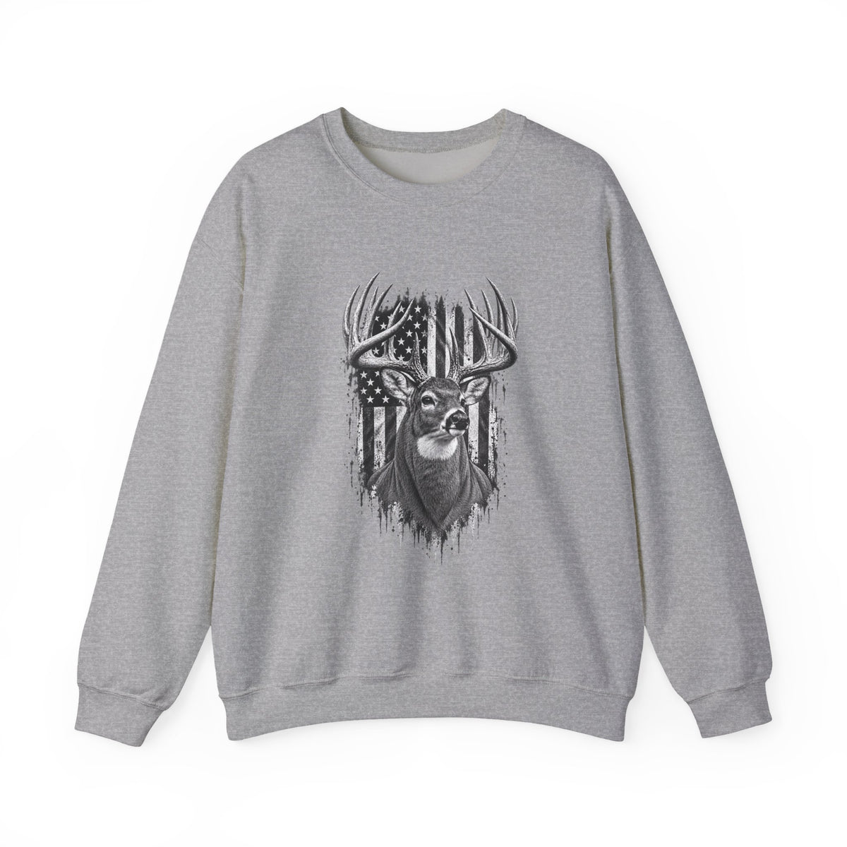 Deer Crewneck Sweatshirt with Distressed American Flag and Black and White Buck Design