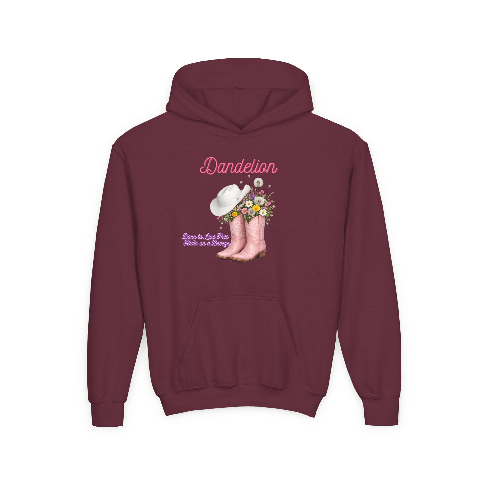 Dandelion Youth Hoodie – Pink Cowboy Boots & Flower Bouquet Kids Sweatshirt