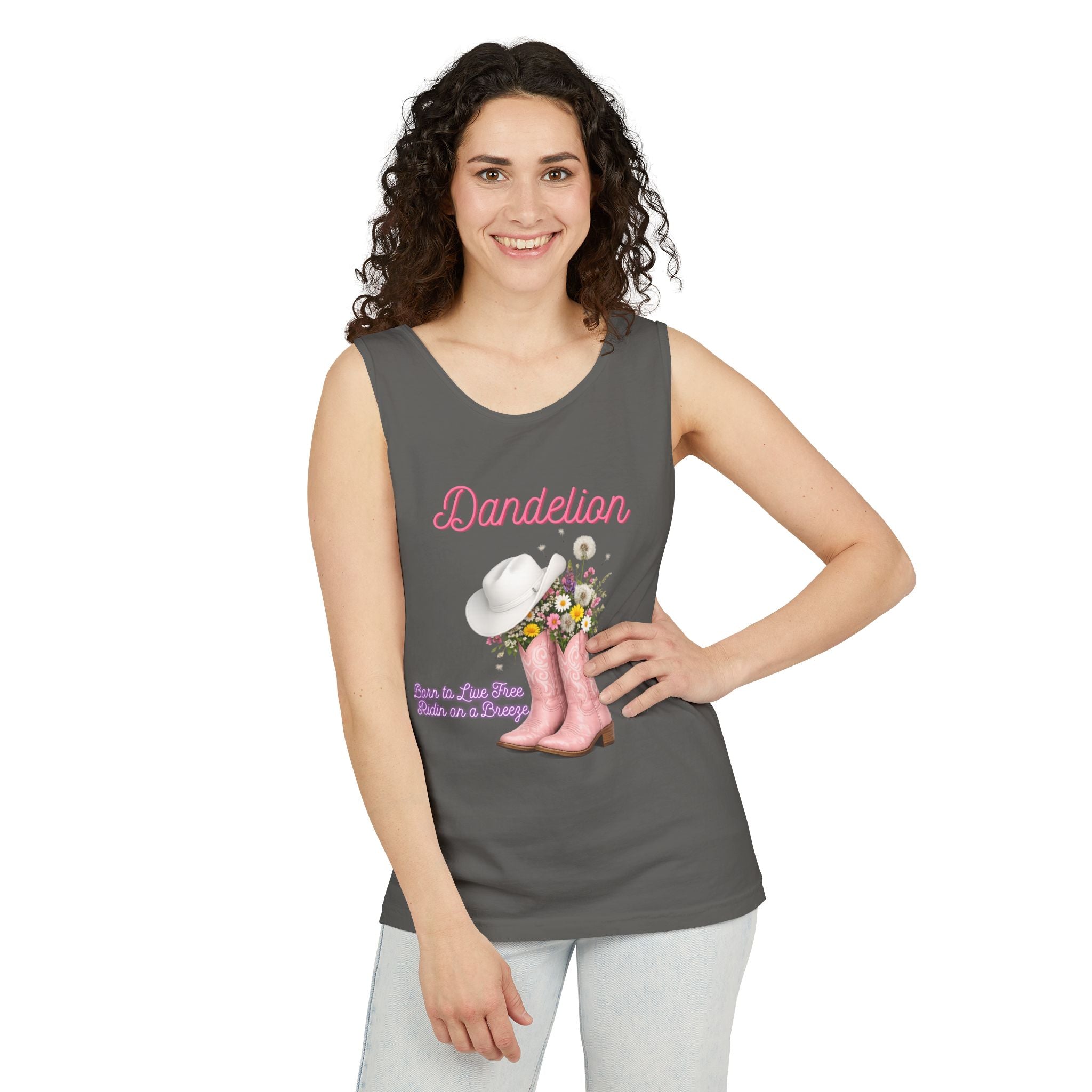 Dandelion Pink Cowboy Boots Tank Top — Floral Western Summer Tee