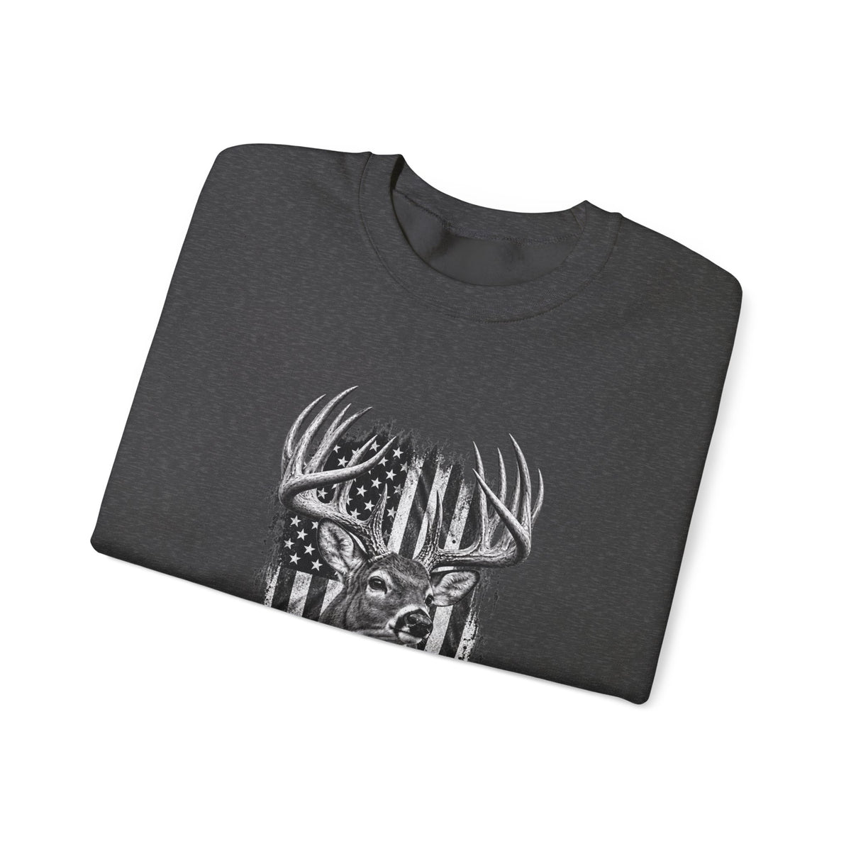 Deer Crewneck Sweatshirt with Distressed American Flag and Black and White Buck Design