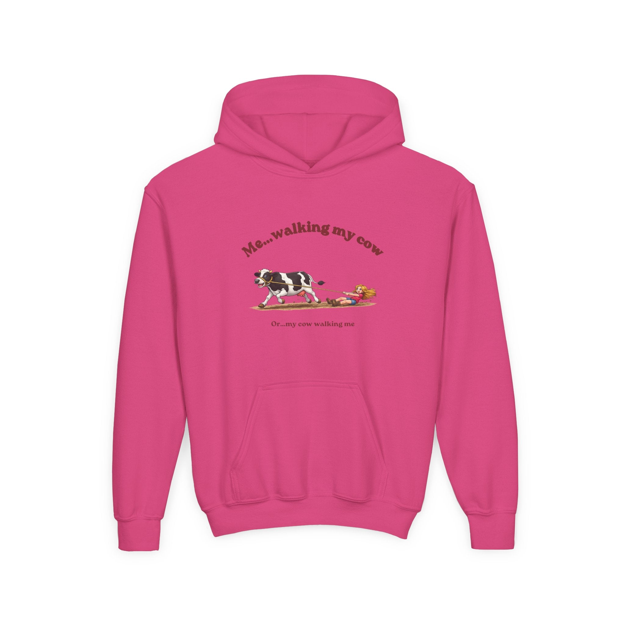 Youth Hoodie — “Me… walking my cow” Cute Cow Illustration Kids Pullover-girl