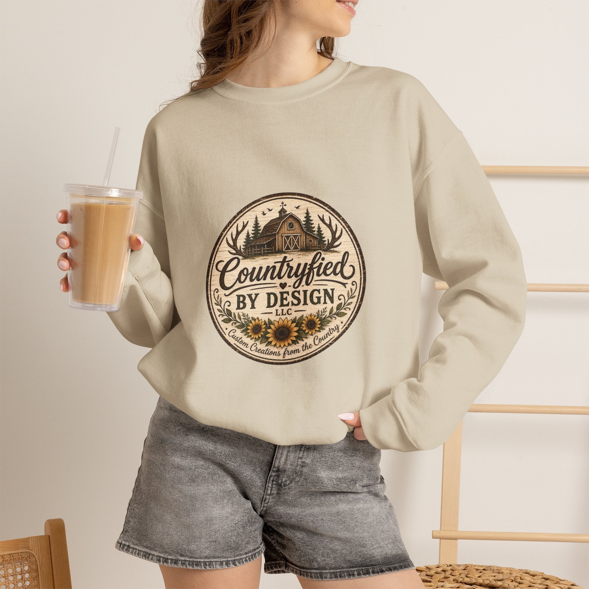 Countryfied By Design Crewneck Sweatshirt — Rustic Farmhouse Graphic Pullover