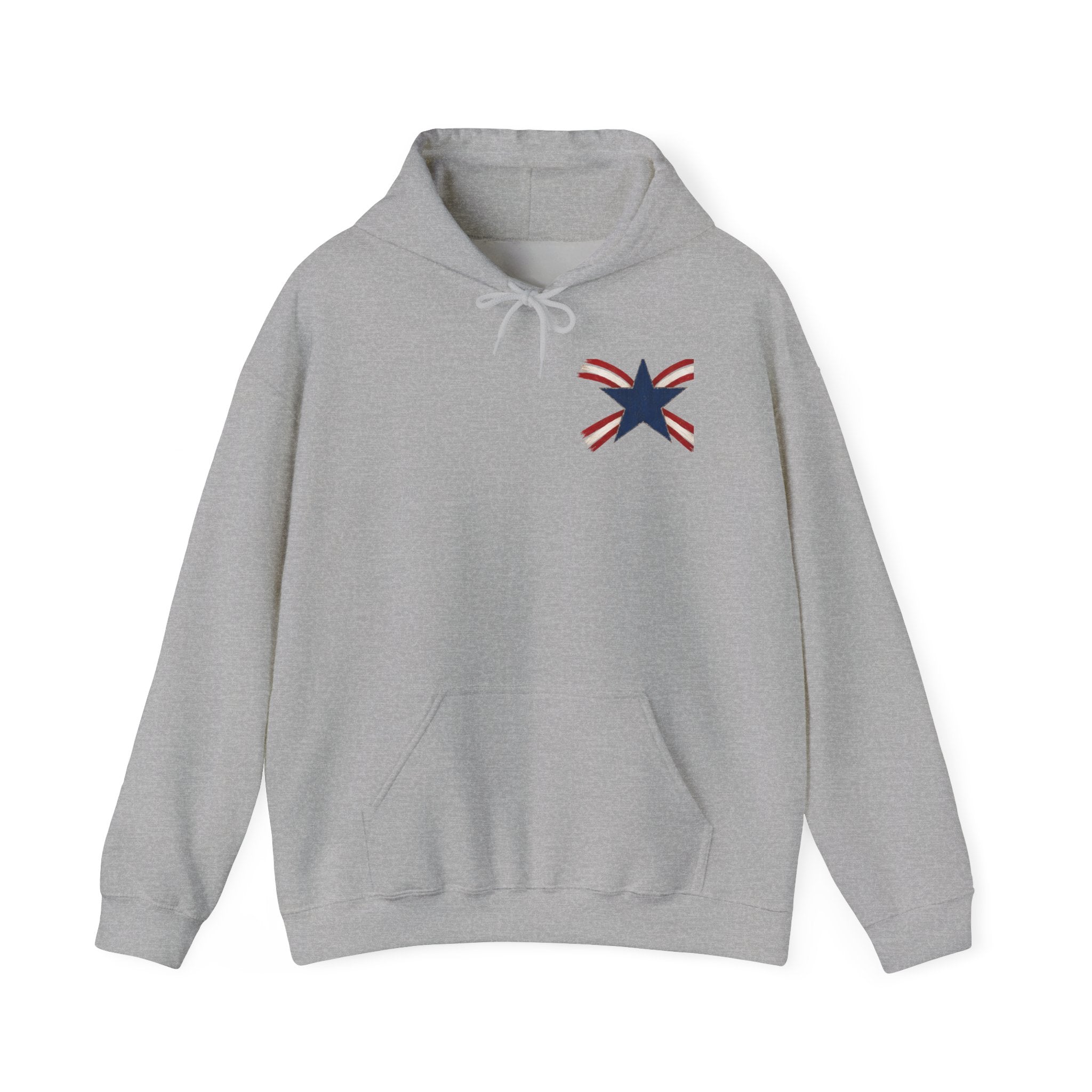Patriotic Star & Shield Hoodie — USA Flag Graphic Pullover for 4th of July