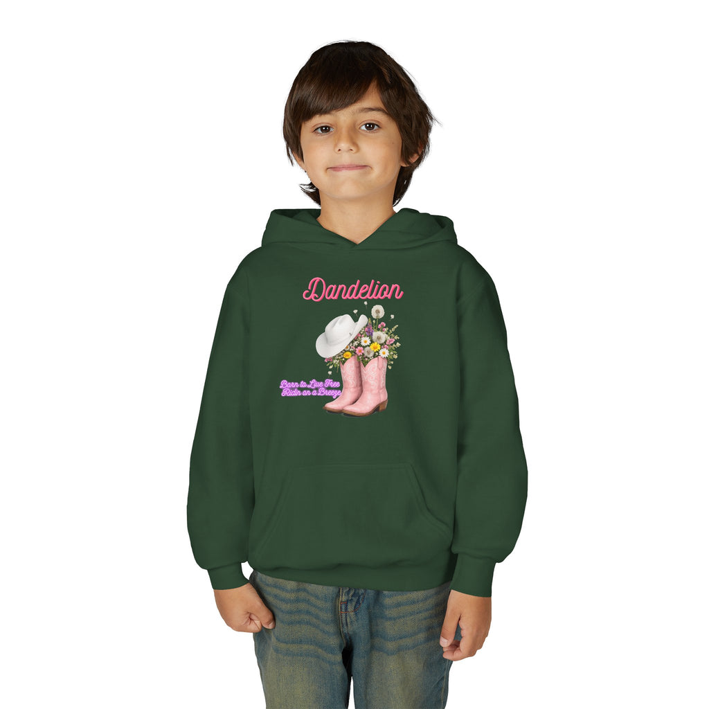 Dandelion Youth Hoodie – Pink Cowboy Boots & Flower Bouquet Kids Sweatshirt