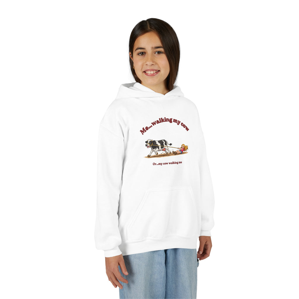 Youth Hoodie — “Me… walking my cow” Cute Cow Illustration Kids Pullover-girl