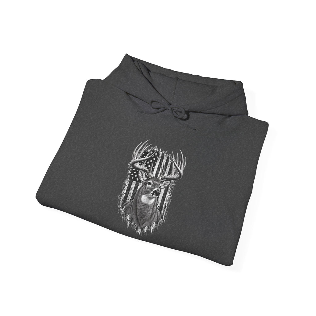 Buck Deer Hoodie with Distressed American Flag, Black Pullover Sweatshirt