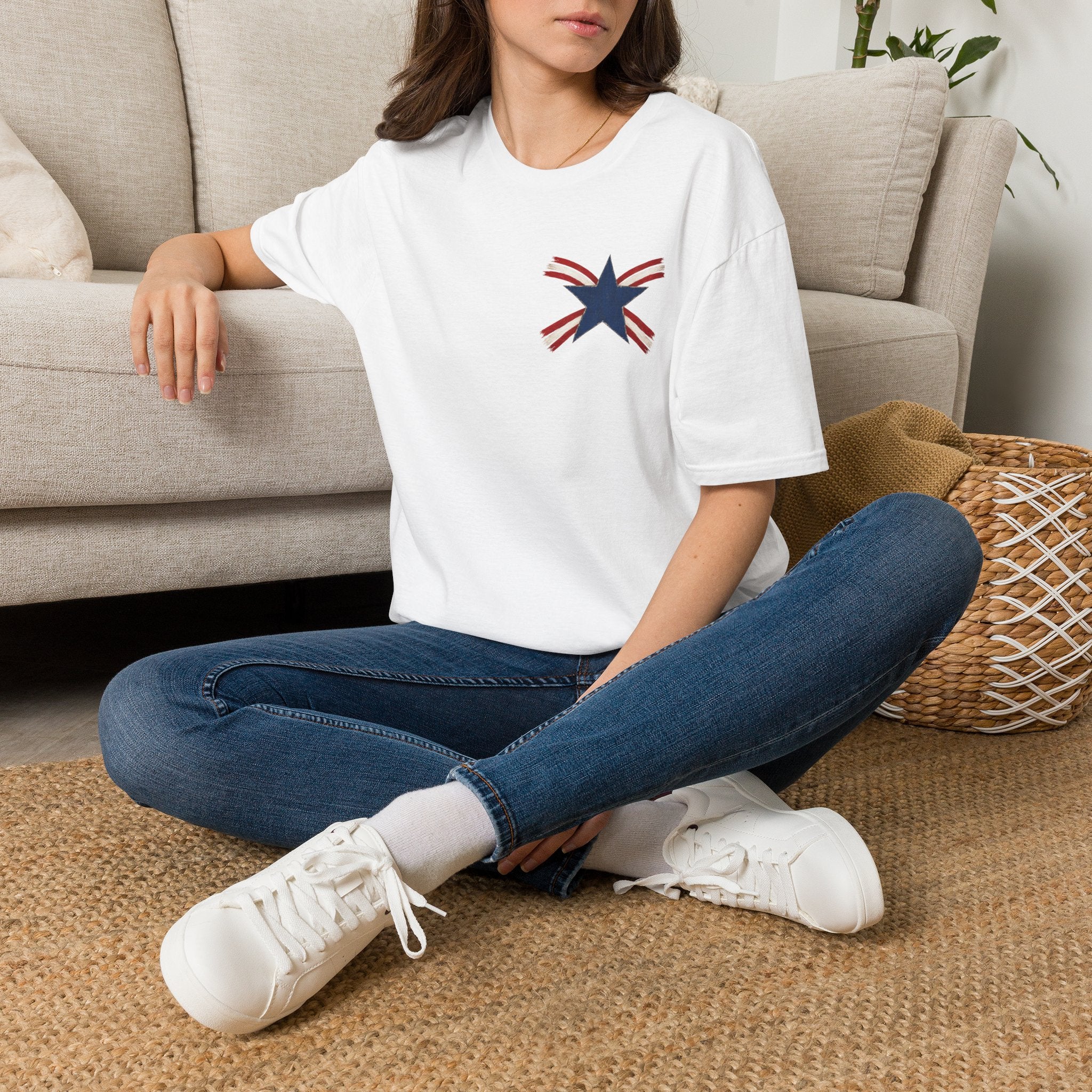 Patriotic Star Tee — Small Distressed Navy Star with Red Stripes